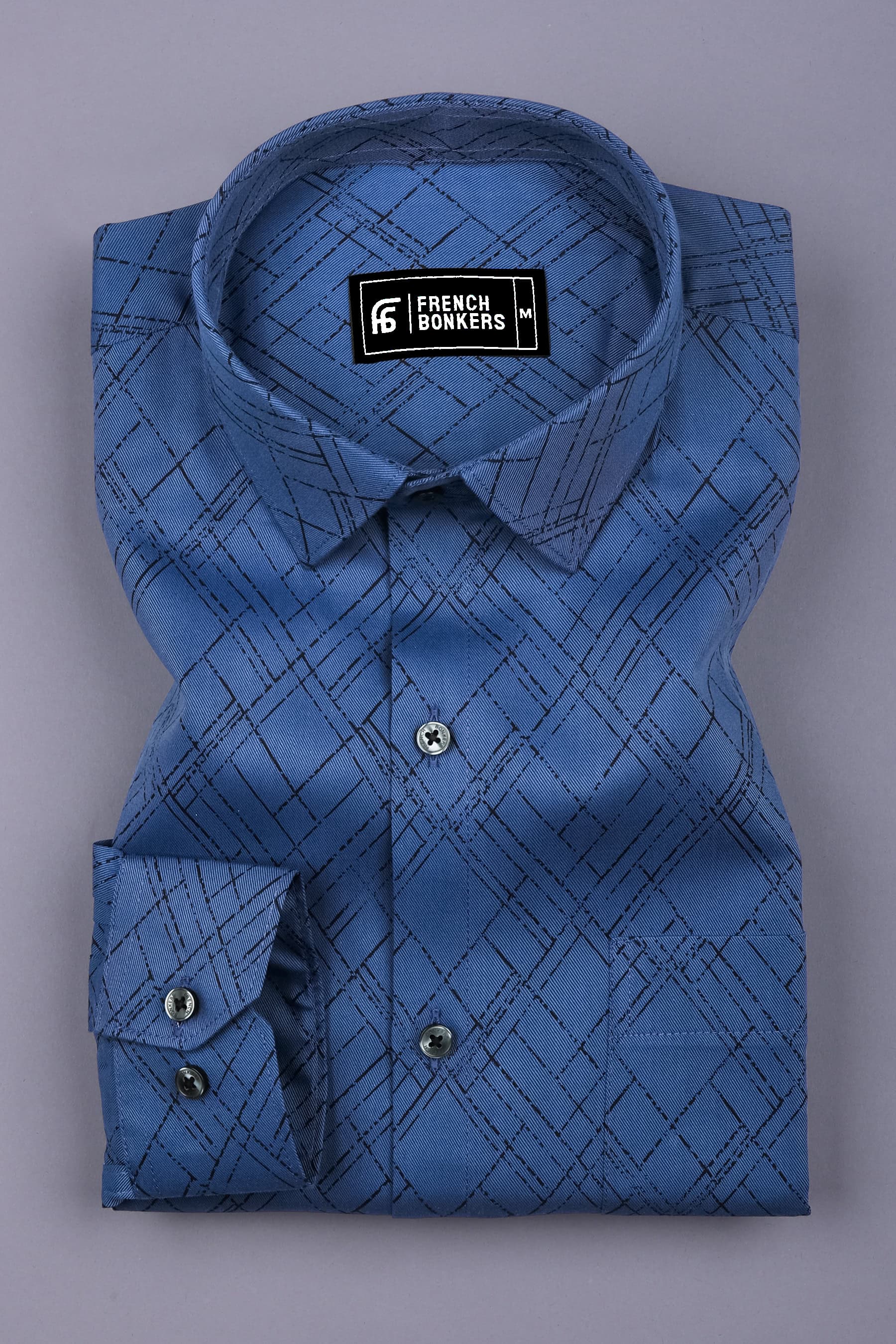 Smart Navy blue With Angled Grid Printed Cotton Shirt