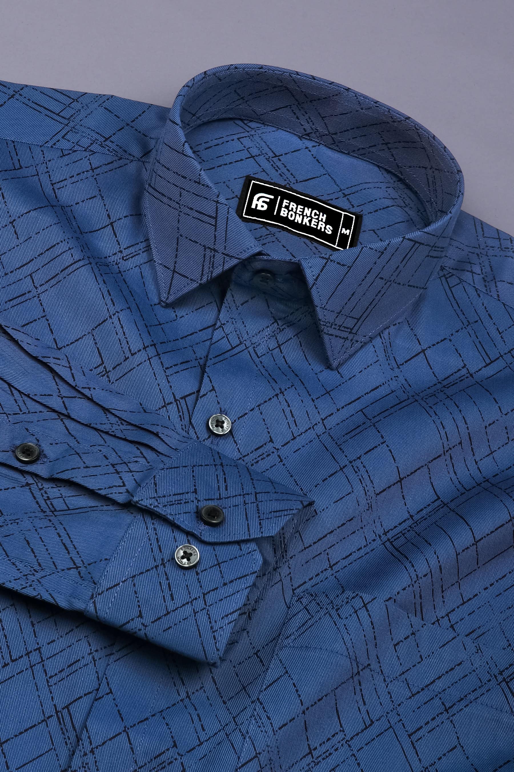 Smart Navy blue With Angled Grid Printed Cotton Shirt