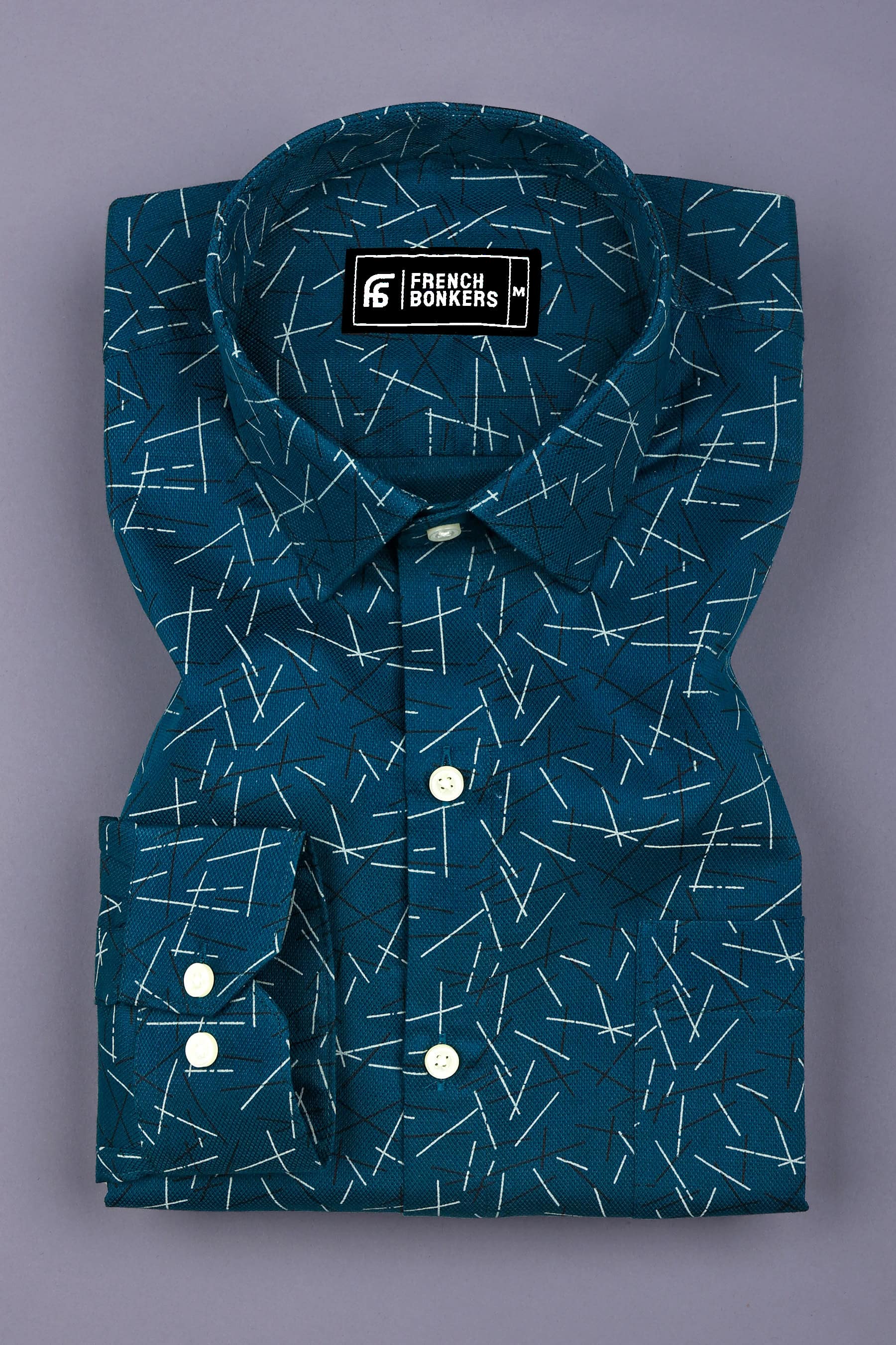 Deep Teal Geometrical Printed Cotton Shirt
