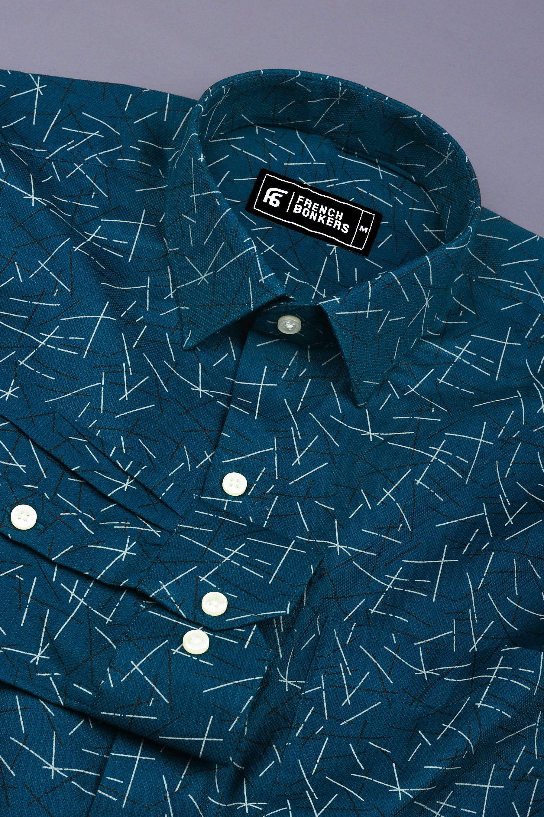 Deep Teal Geometrical Printed Cotton Shirt