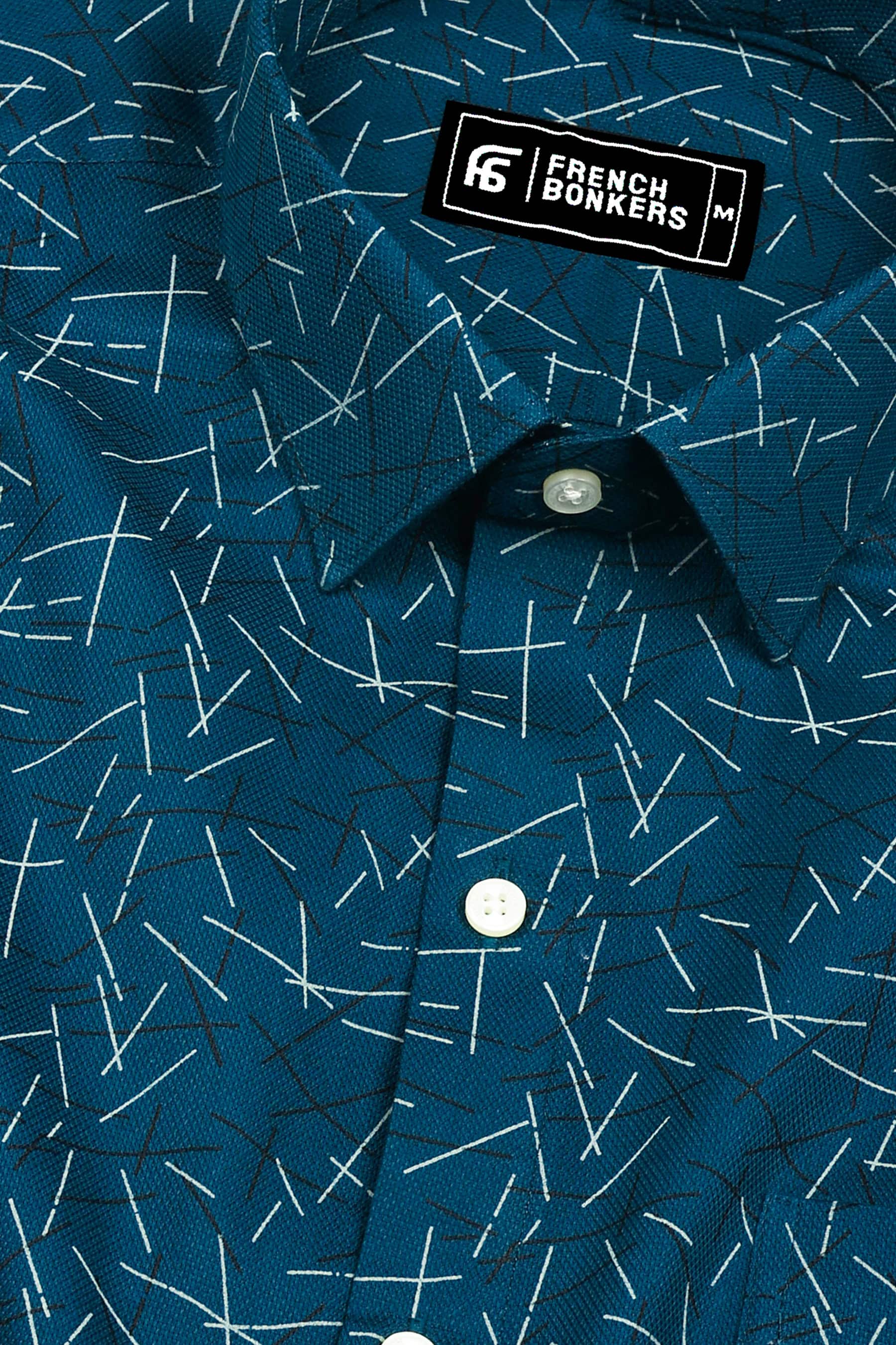 Deep Teal Geometrical Printed Cotton Shirt