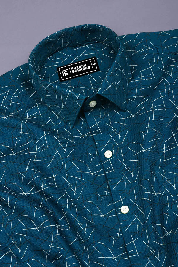 Deep Teal Geometrical Printed Cotton Shirt