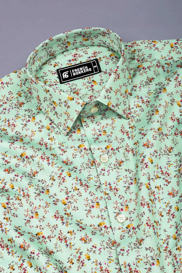 Mint Green Vintage Floral Pattern Cotton Shirt