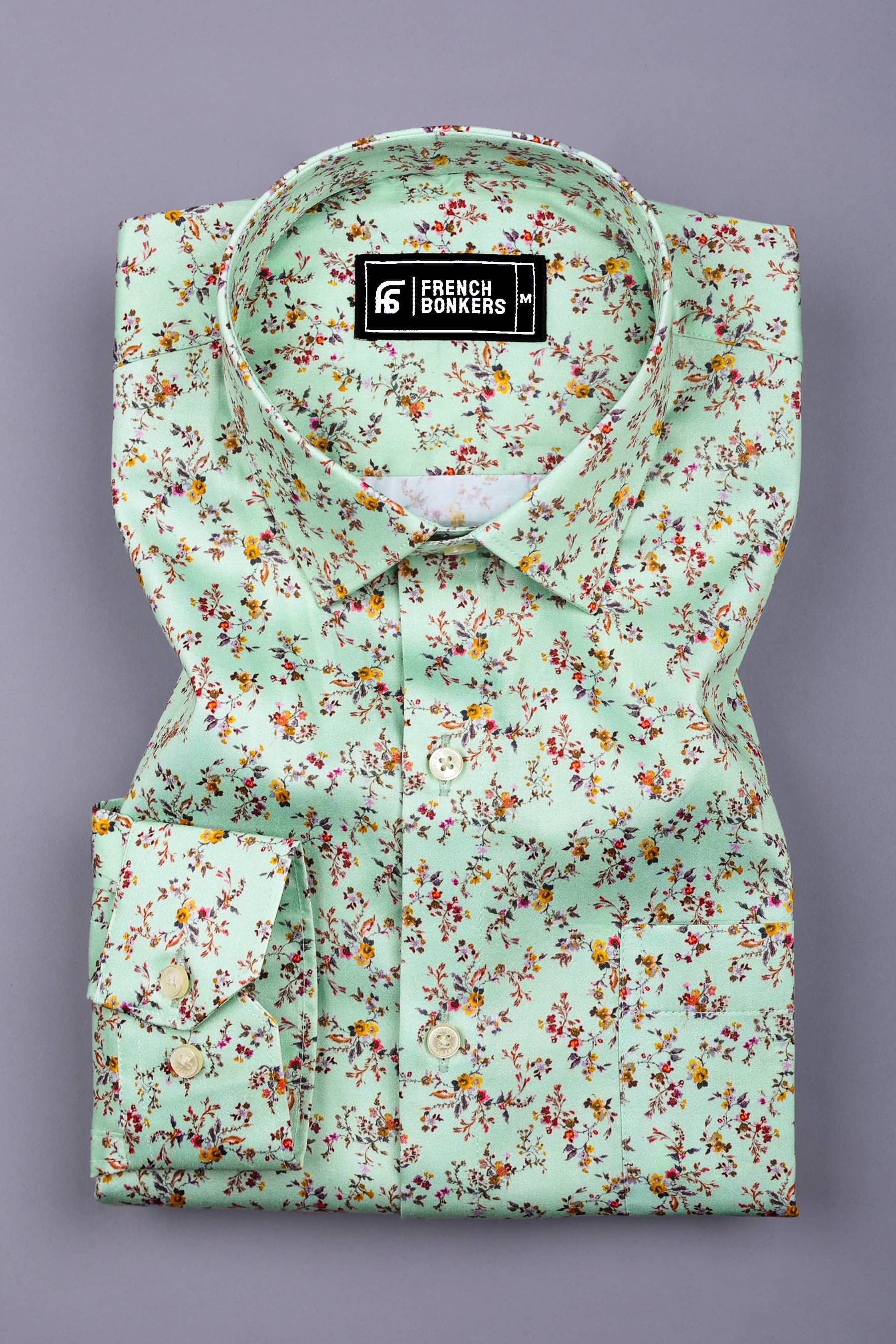 Mint Green Vintage Floral Pattern Cotton Shirt