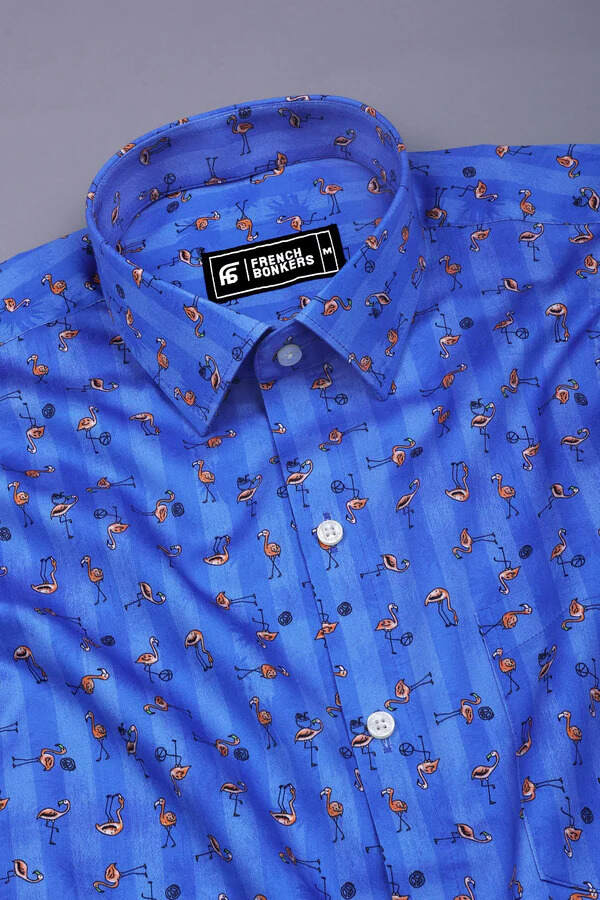 Vibrant Blue Flamingo Printed Cotton Shirt