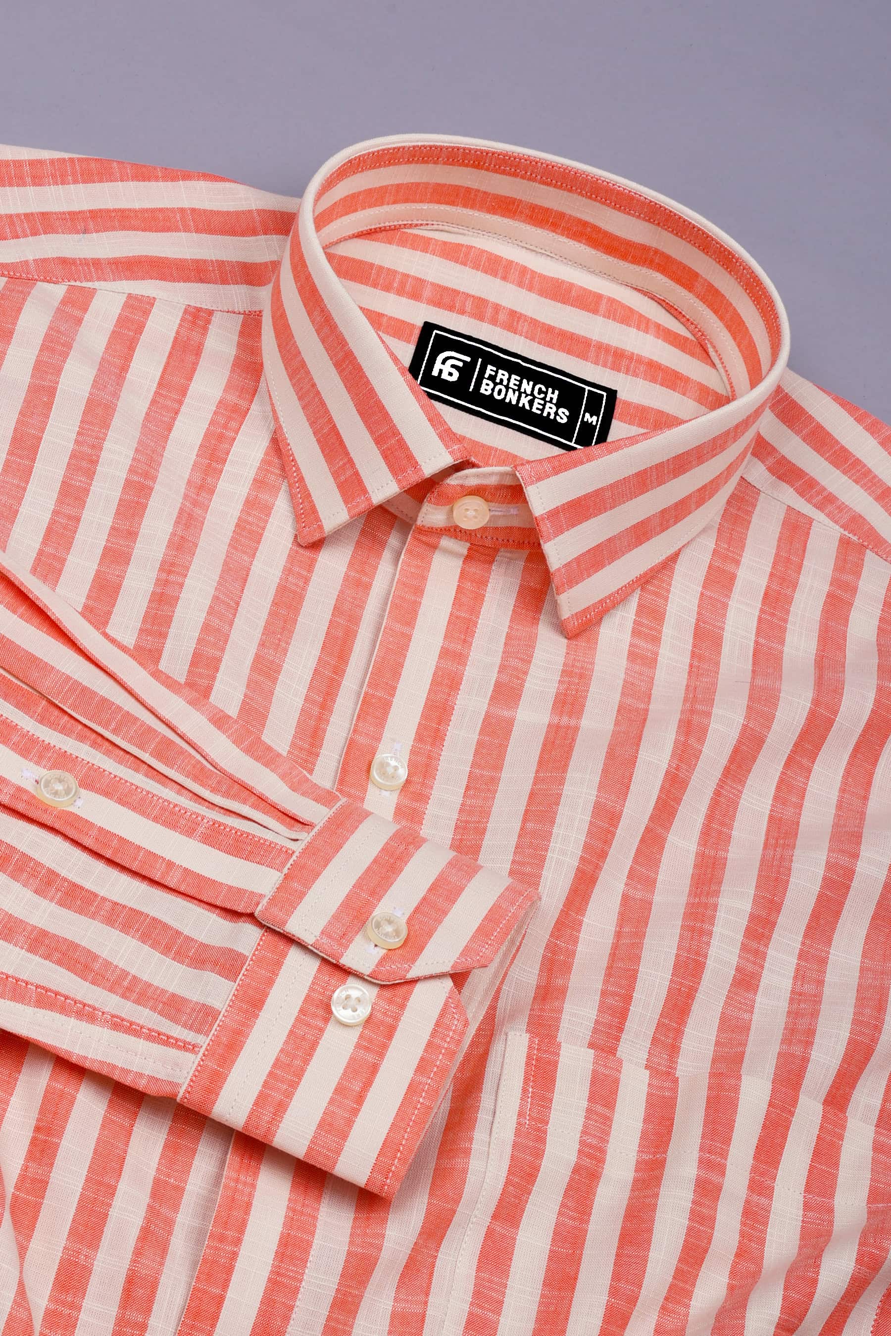 Neon Orange with Cream Striped Cotton Shirt