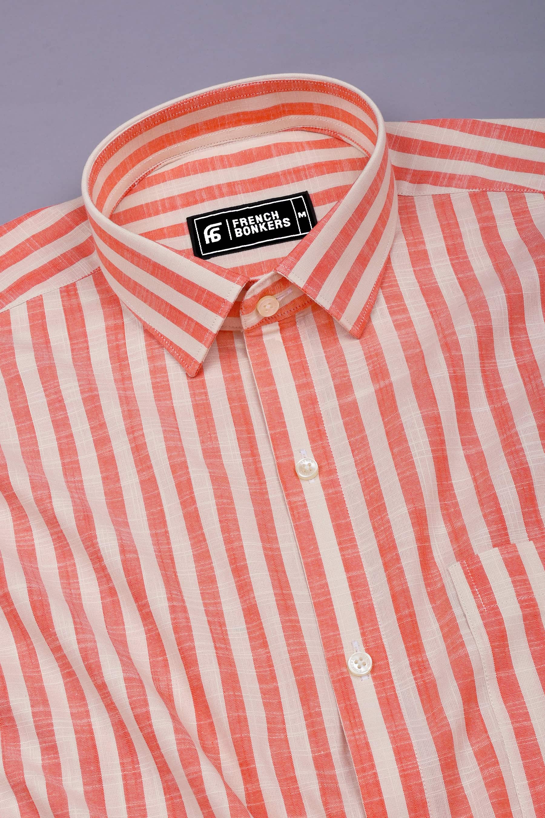 Neon Orange with Cream Striped Cotton Shirt