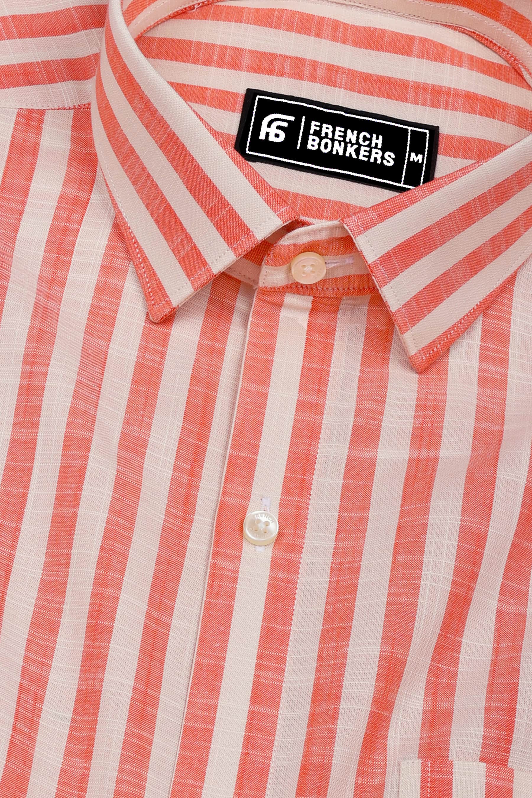 Neon Orange with Cream Striped Cotton Shirt