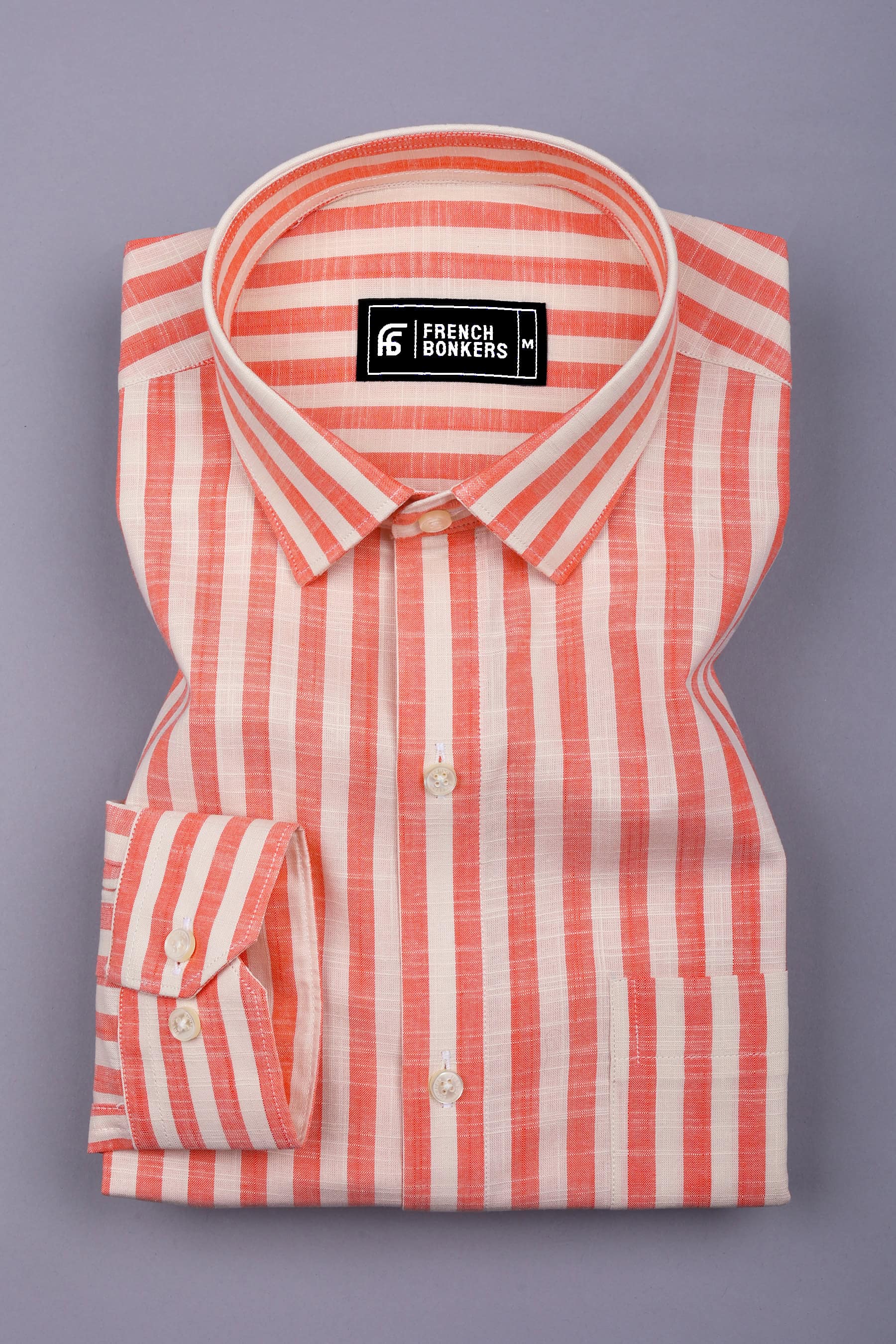 Neon Orange with Cream Striped Cotton Shirt