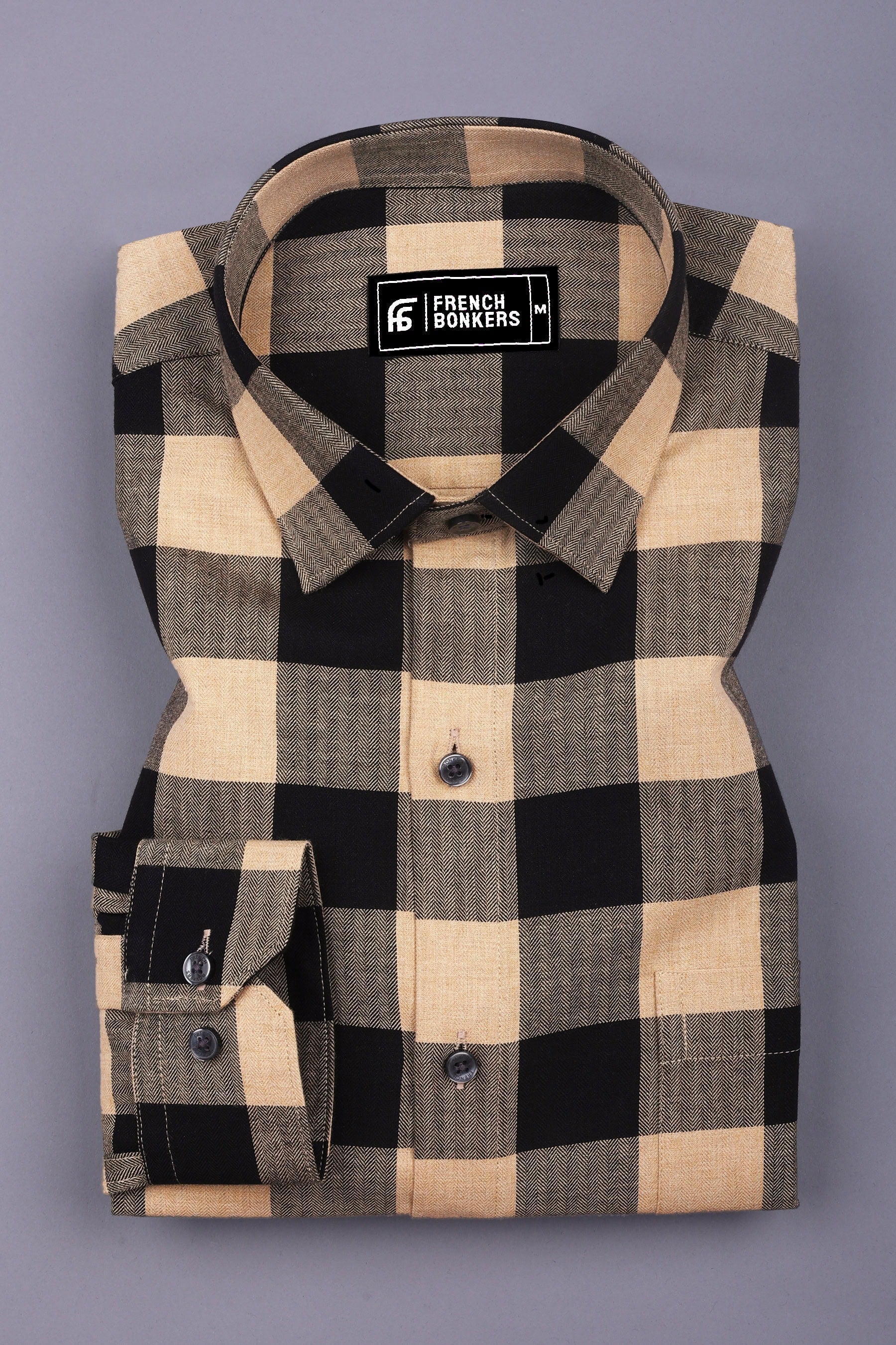 Fenix Cream with Black Herringbone Pattern Check Shirt