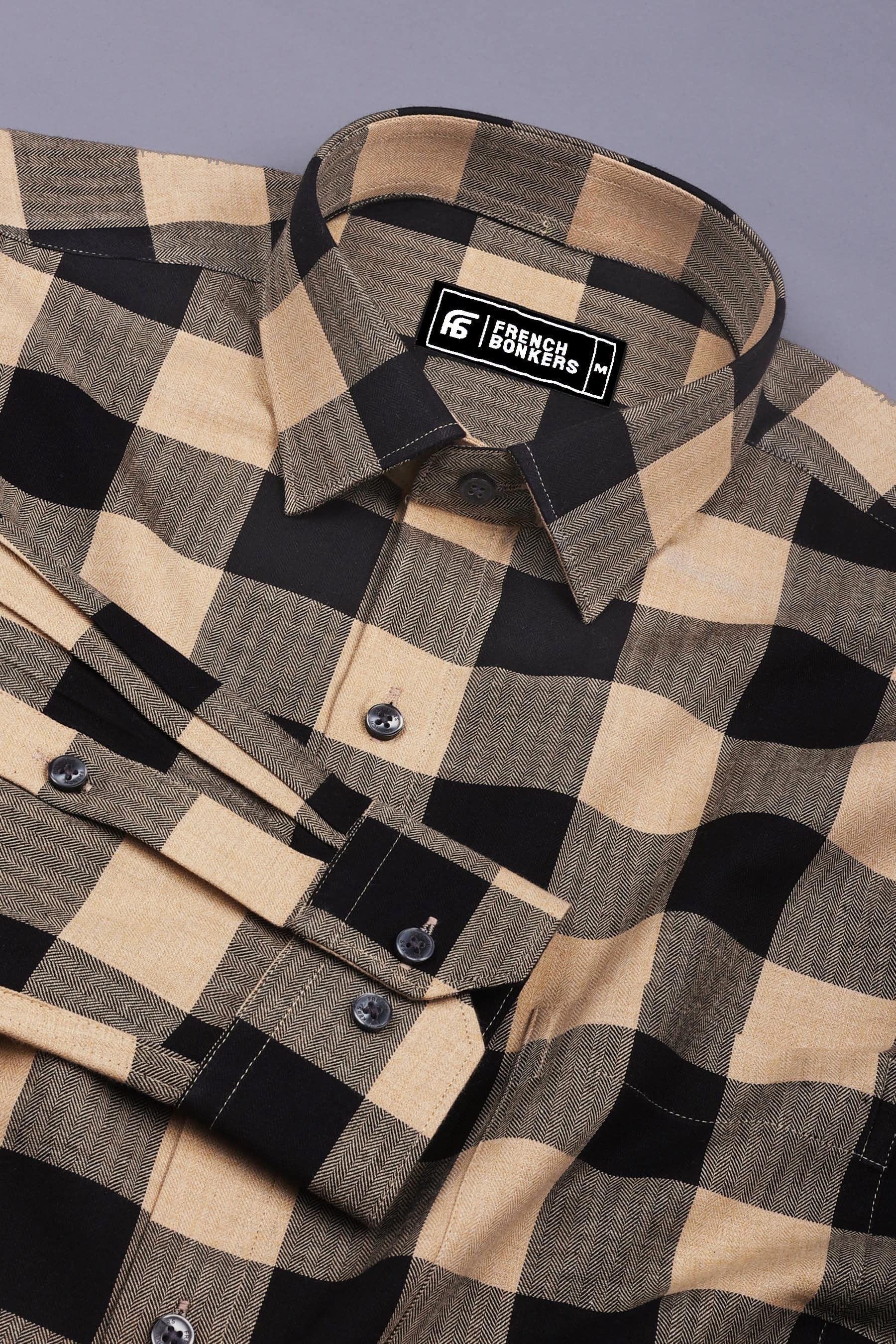 Fenix Cream with Black Herringbone Pattern Check Shirt
