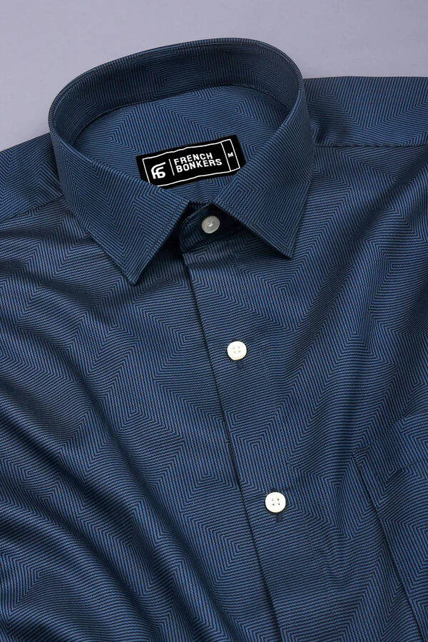 Shadow Blue Maze Pattern Printed Cotton Shirt