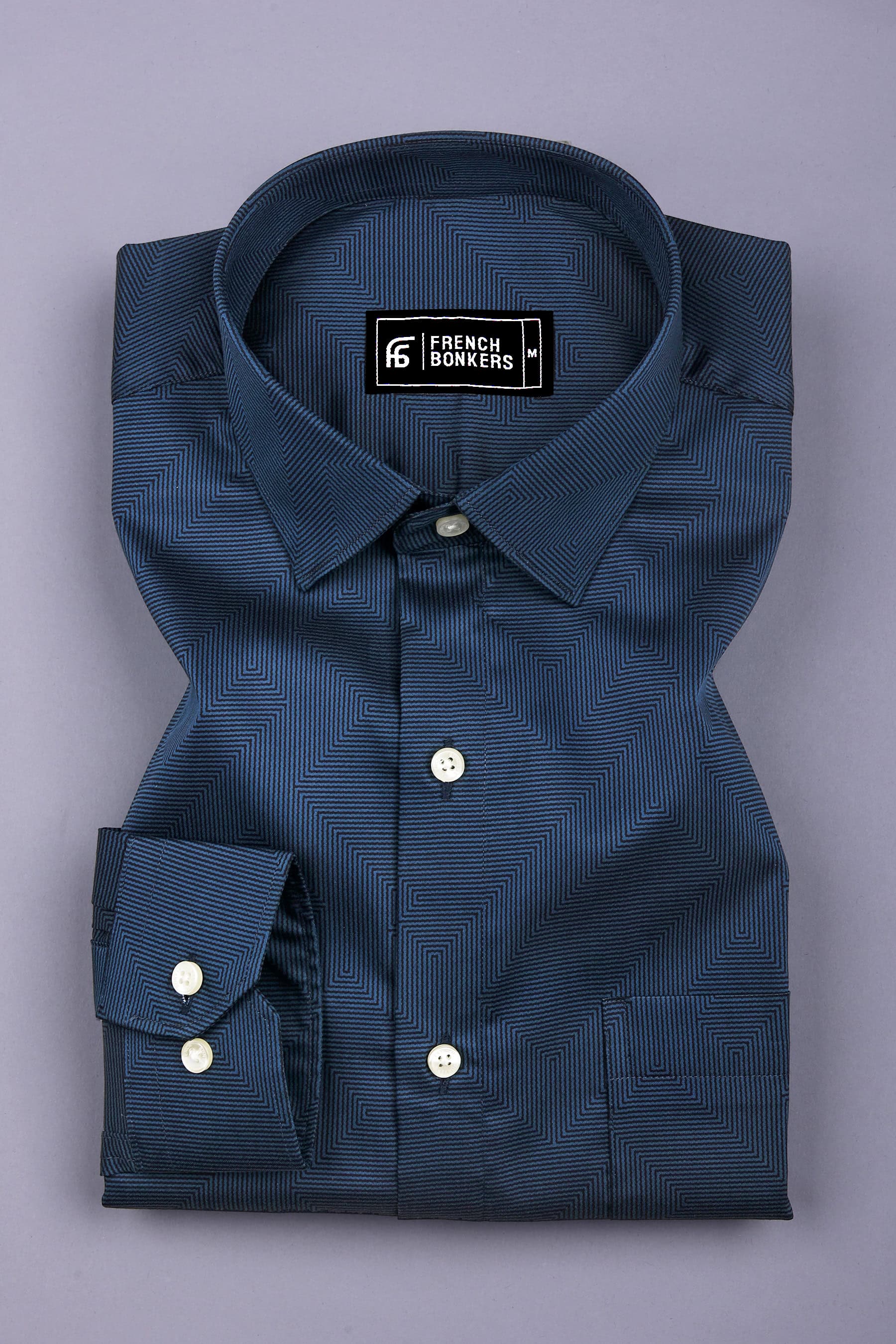 Shadow Blue Maze Pattern Printed Cotton Shirt