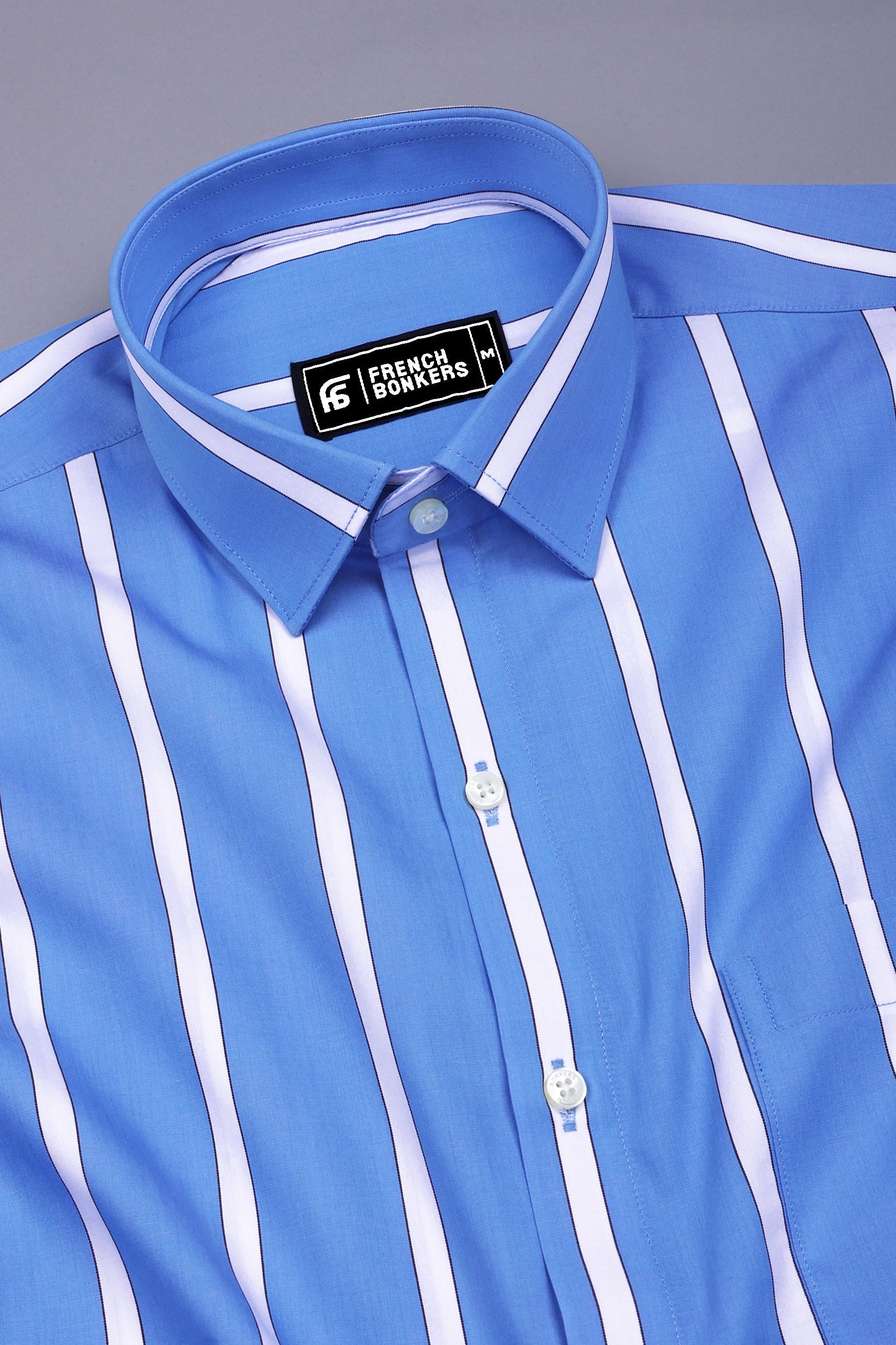 Tombo Blue With White Broad Stripe Cotton Shirt