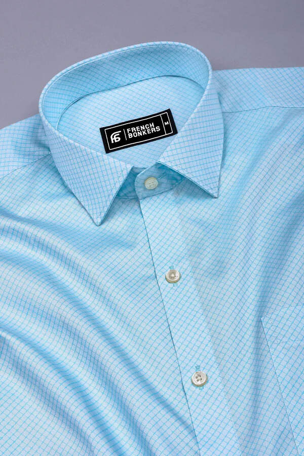 Nordic Sky Blue Rhombus Printed Cotton Shirt