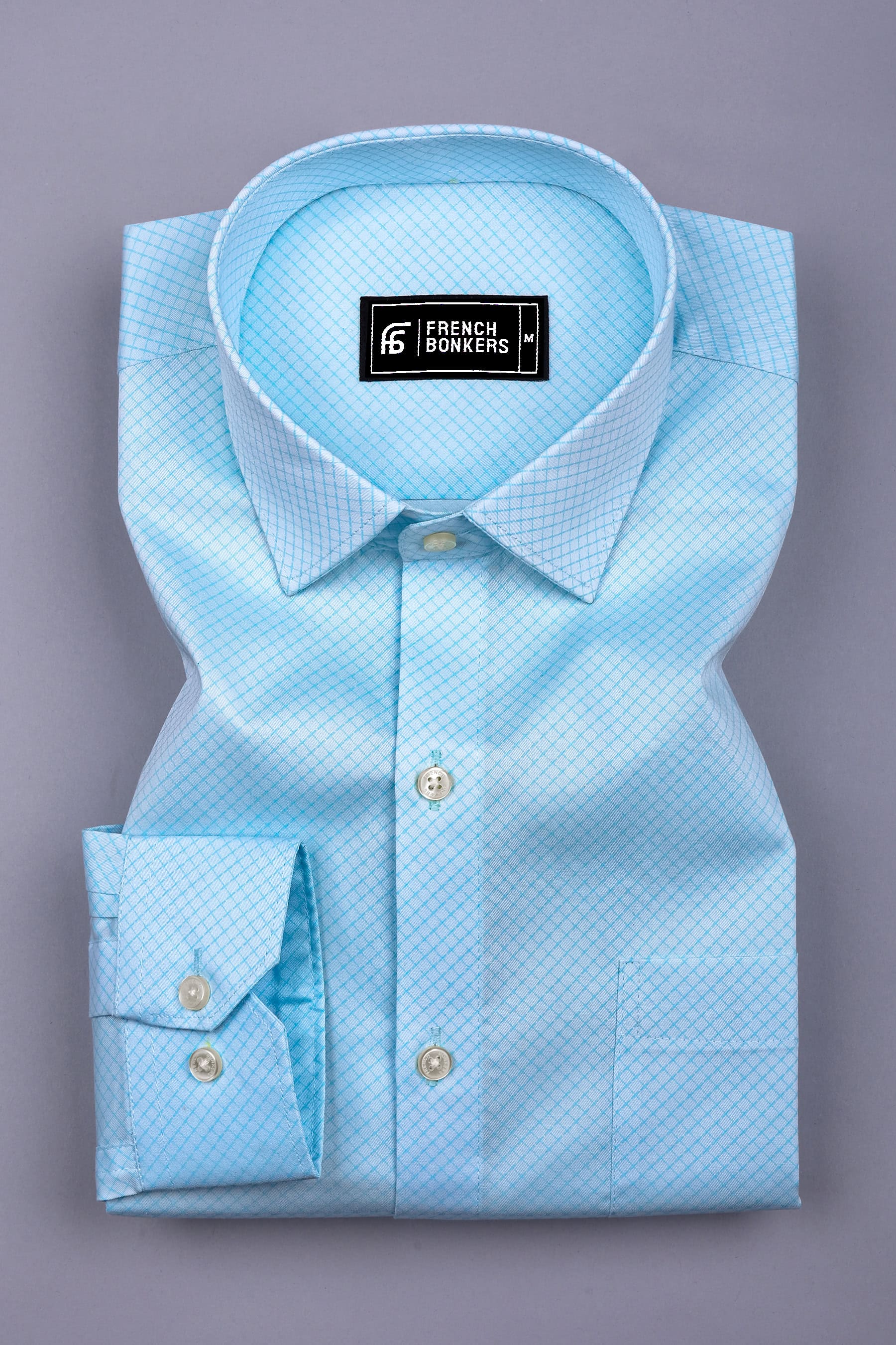 Nordic Sky Blue Rhombus Printed Cotton Shirt