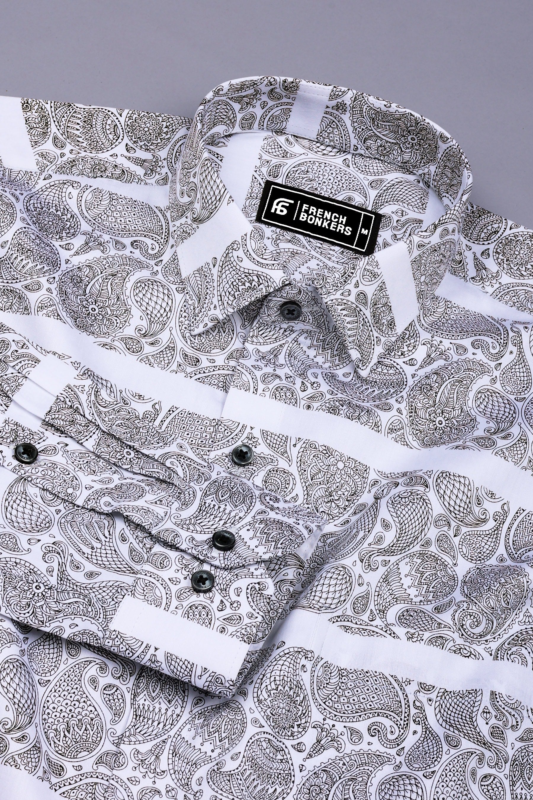 Quorra White with Black Paisley Print Cotton Shirt