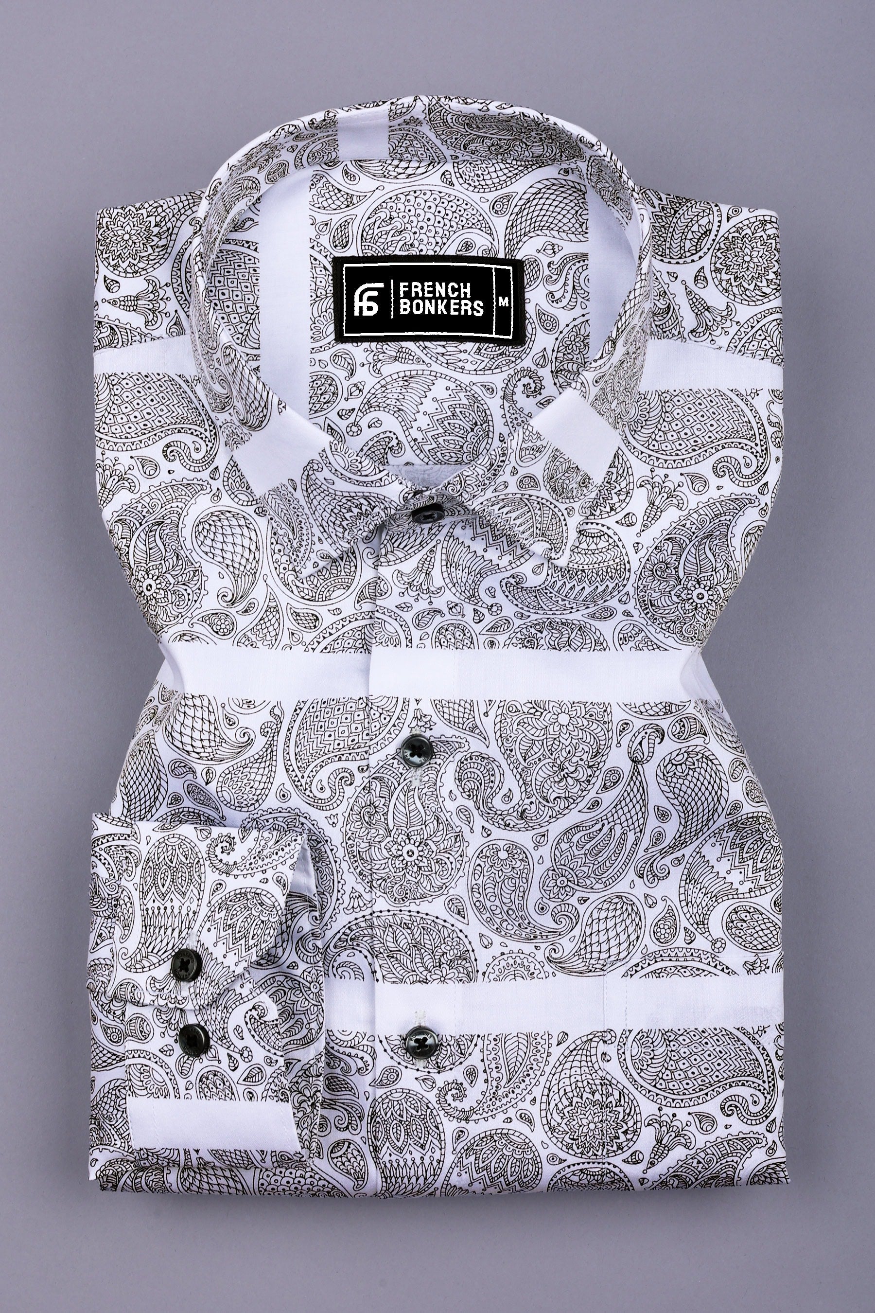 Quorra White with Black Paisley Print Cotton Shirt