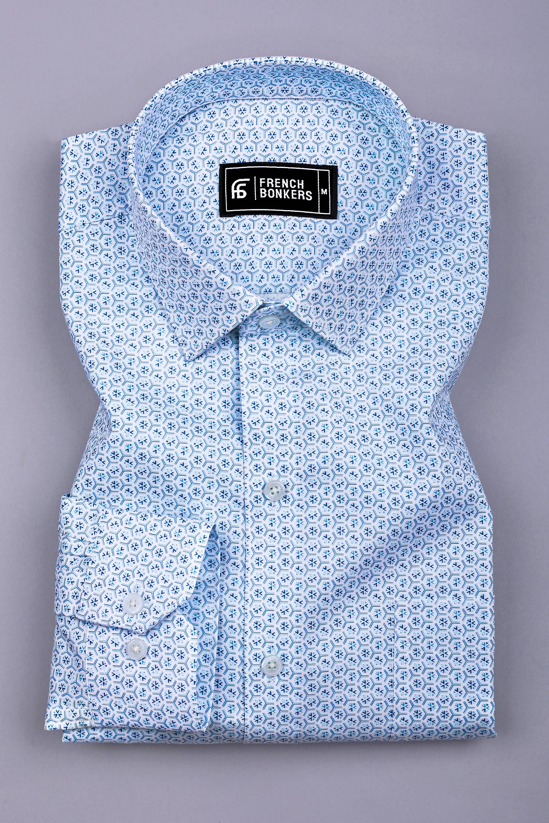 Zentrix Skyblue and White Geometric Print Cotton Shirt