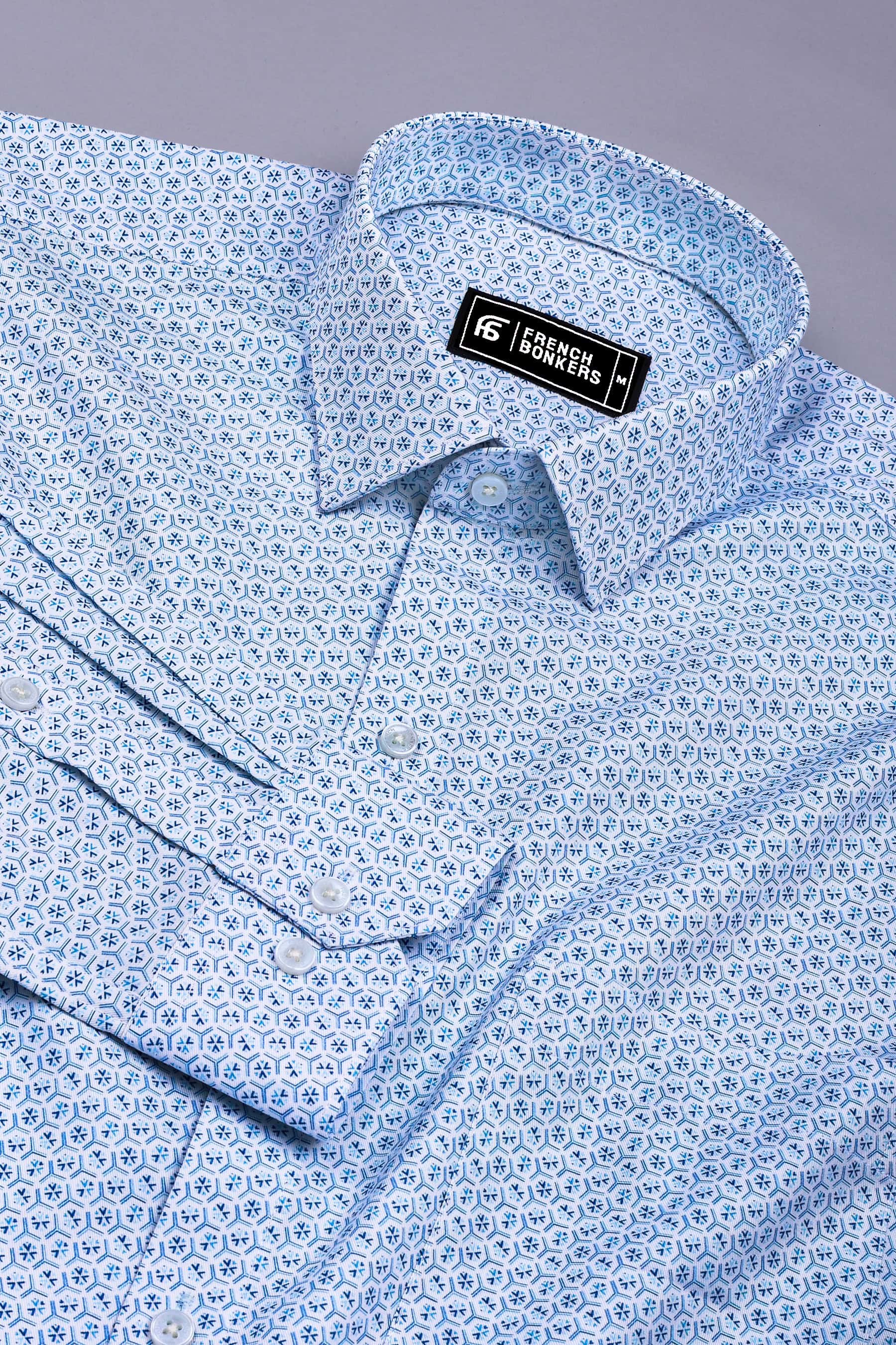 Zentrix Skyblue and White Geometric Print Cotton Shirt