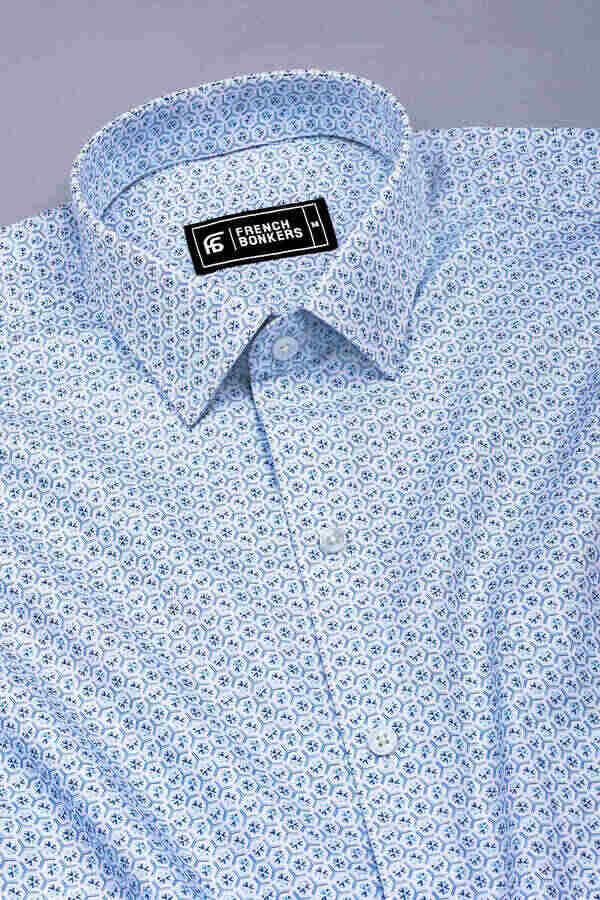 Zentrix Skyblue and White Geometric Print Cotton Shirt