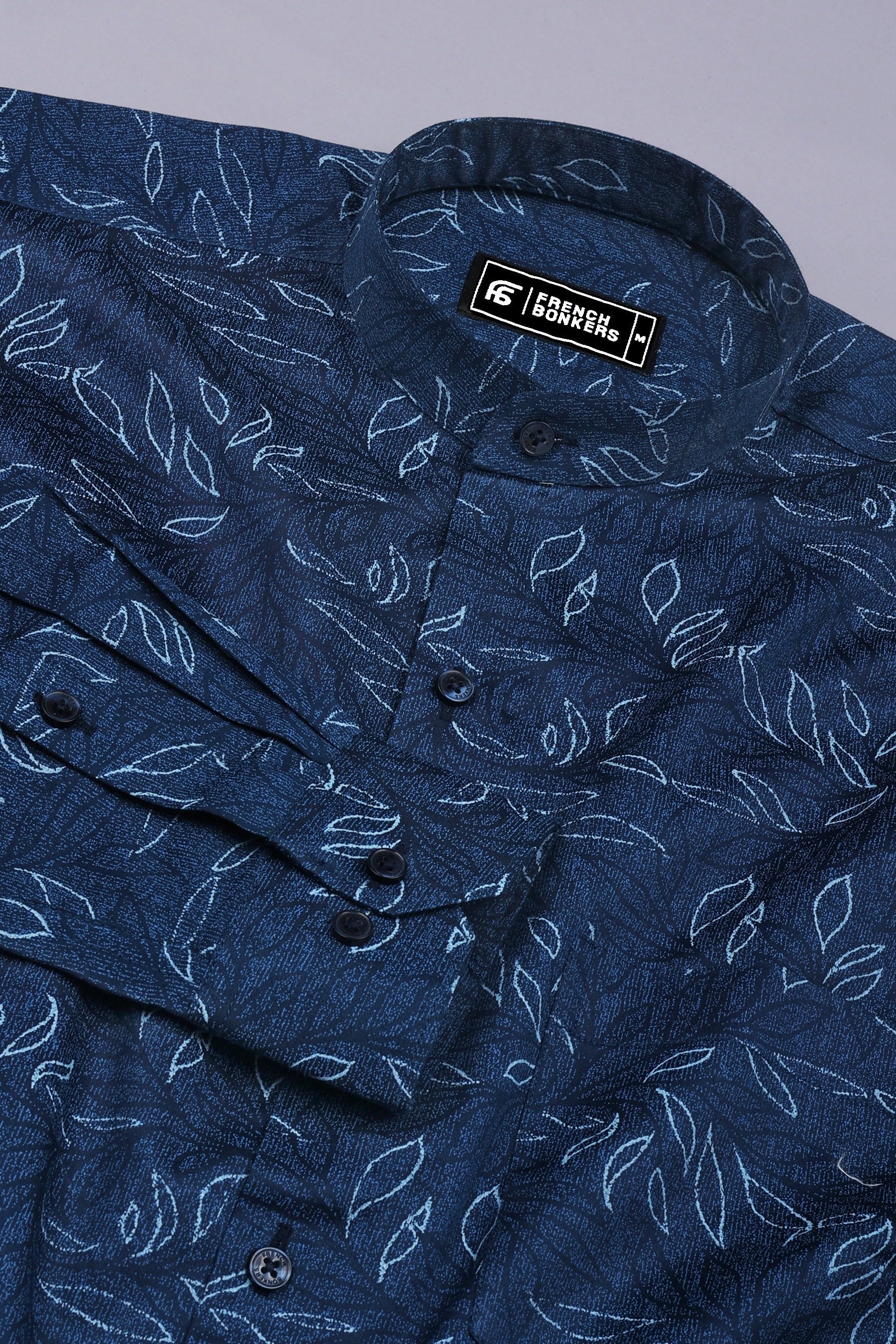 Florvyn Blue with Sky Leaf Print Cotton Shirt