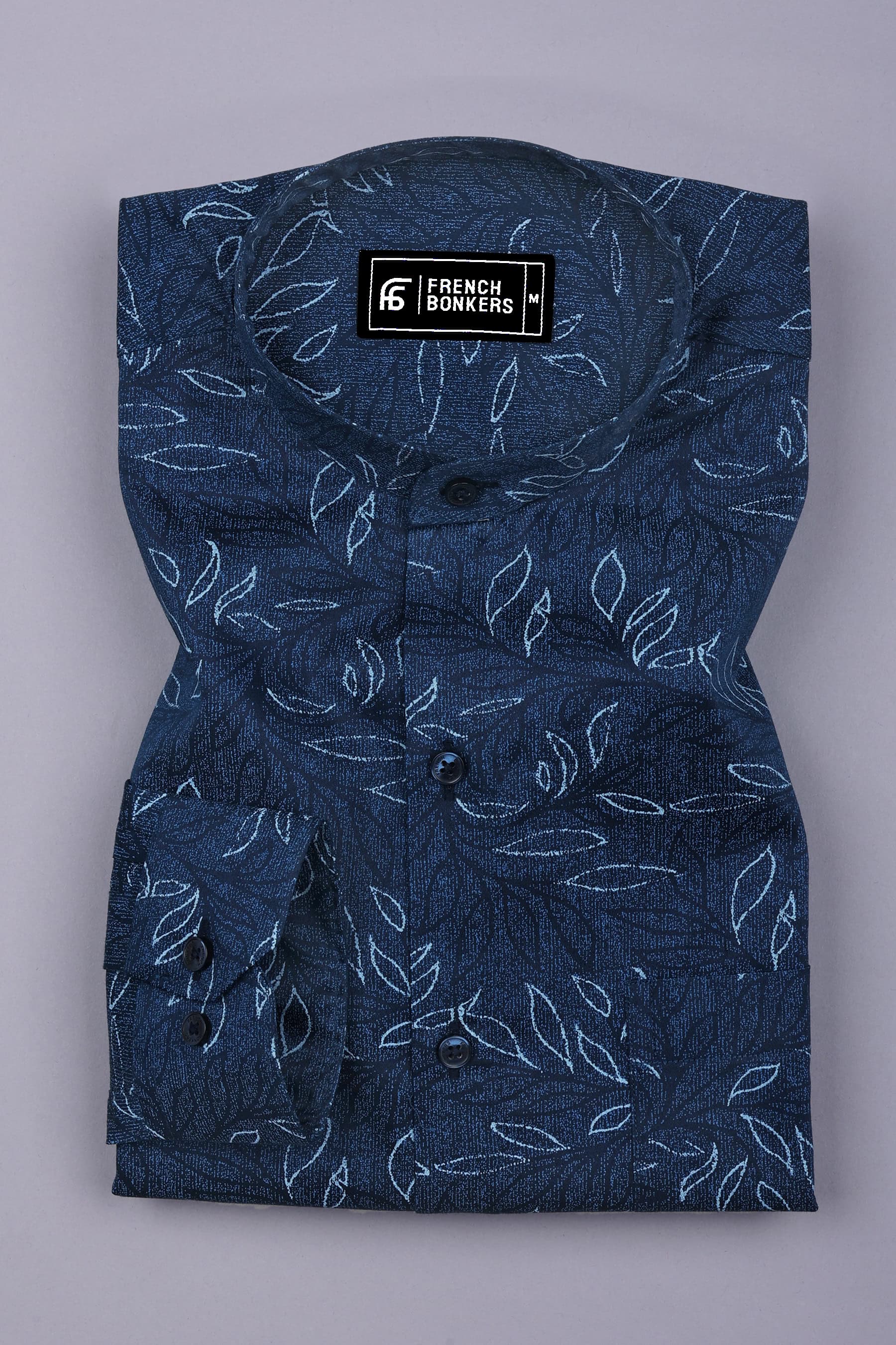 Florvyn Blue with Sky Leaf Print Cotton Shirt