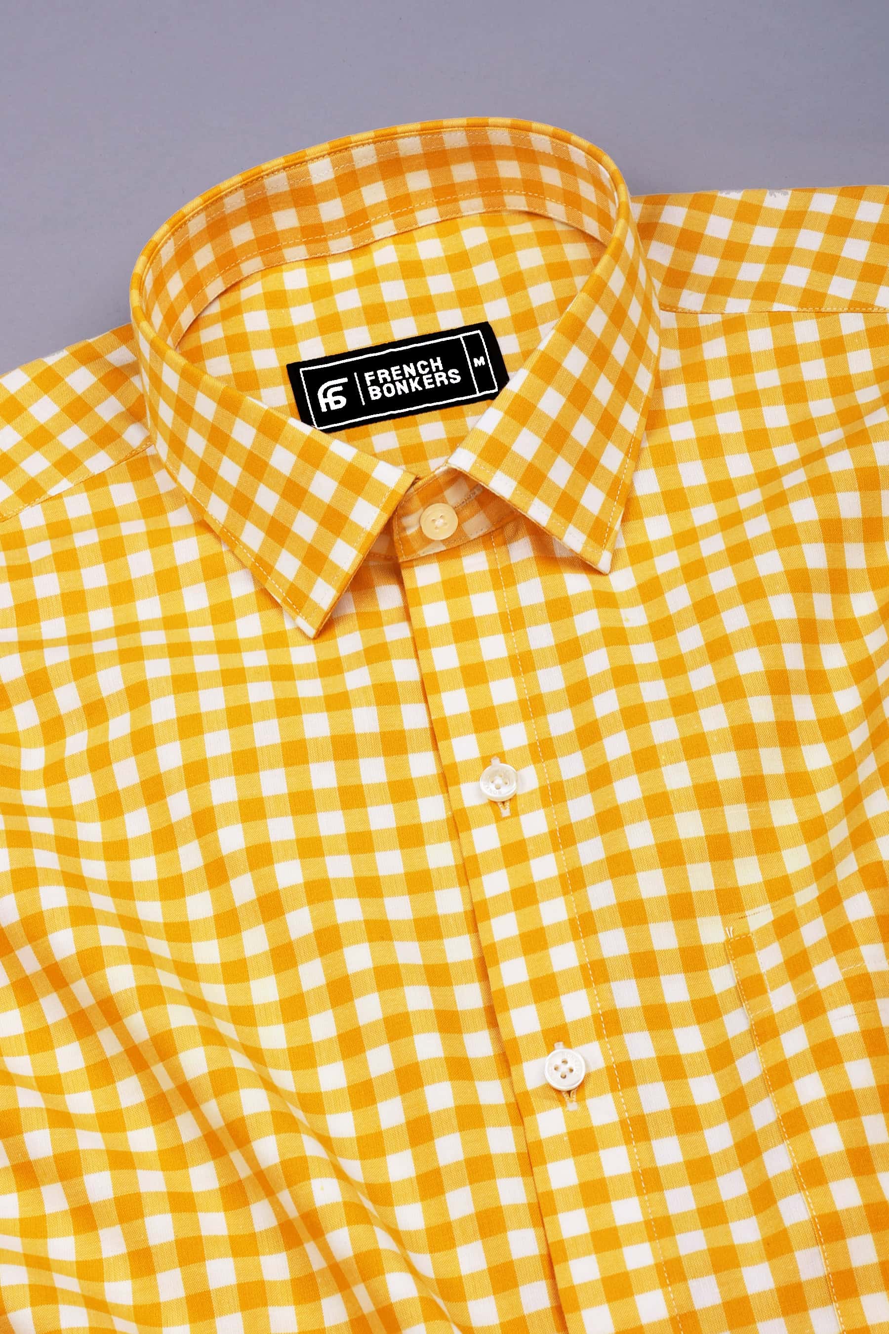 Glinver Yellow and White Gingham Check Cotton Shirt