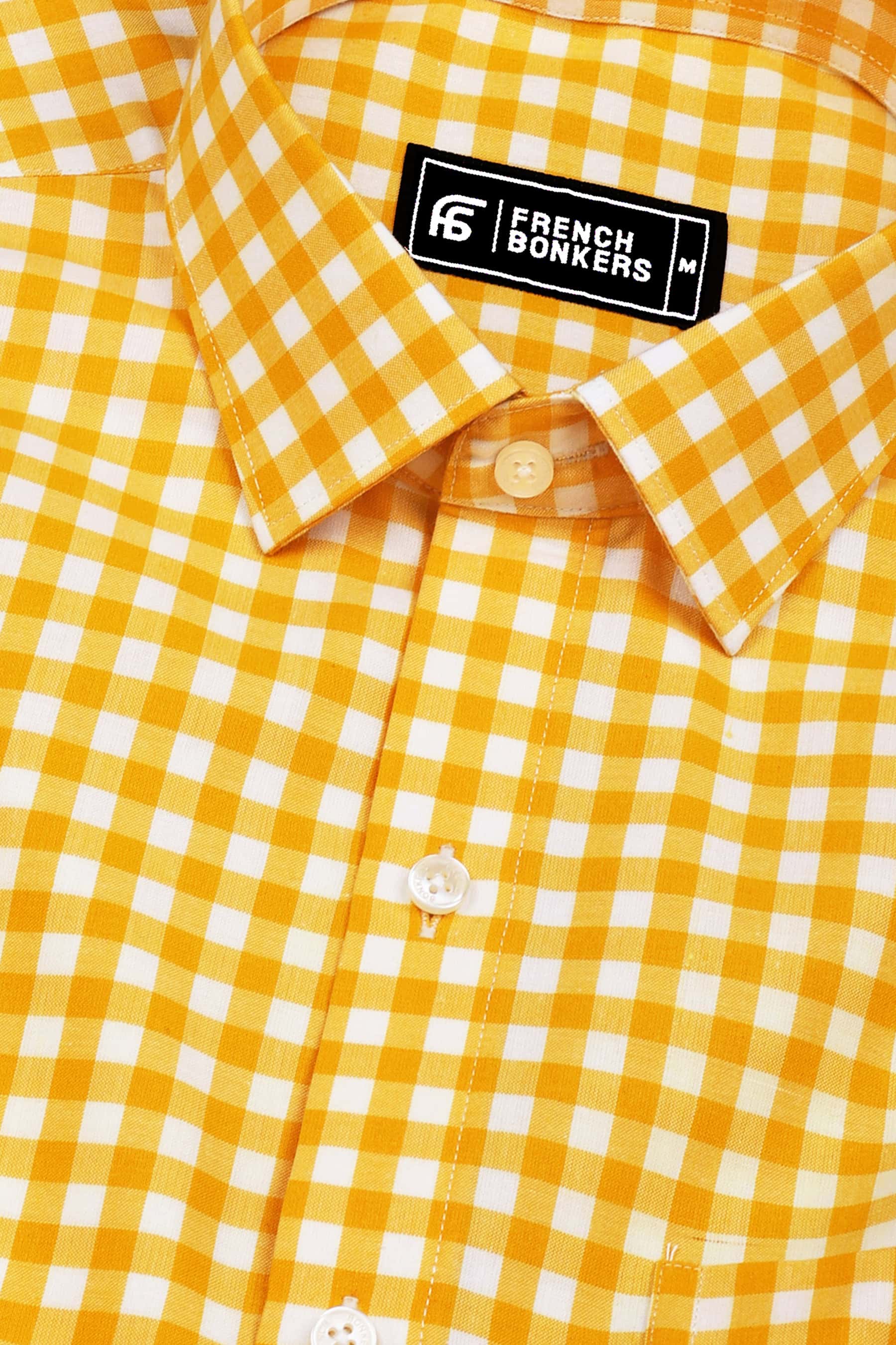 Glinver Yellow and White Gingham Check Cotton Shirt