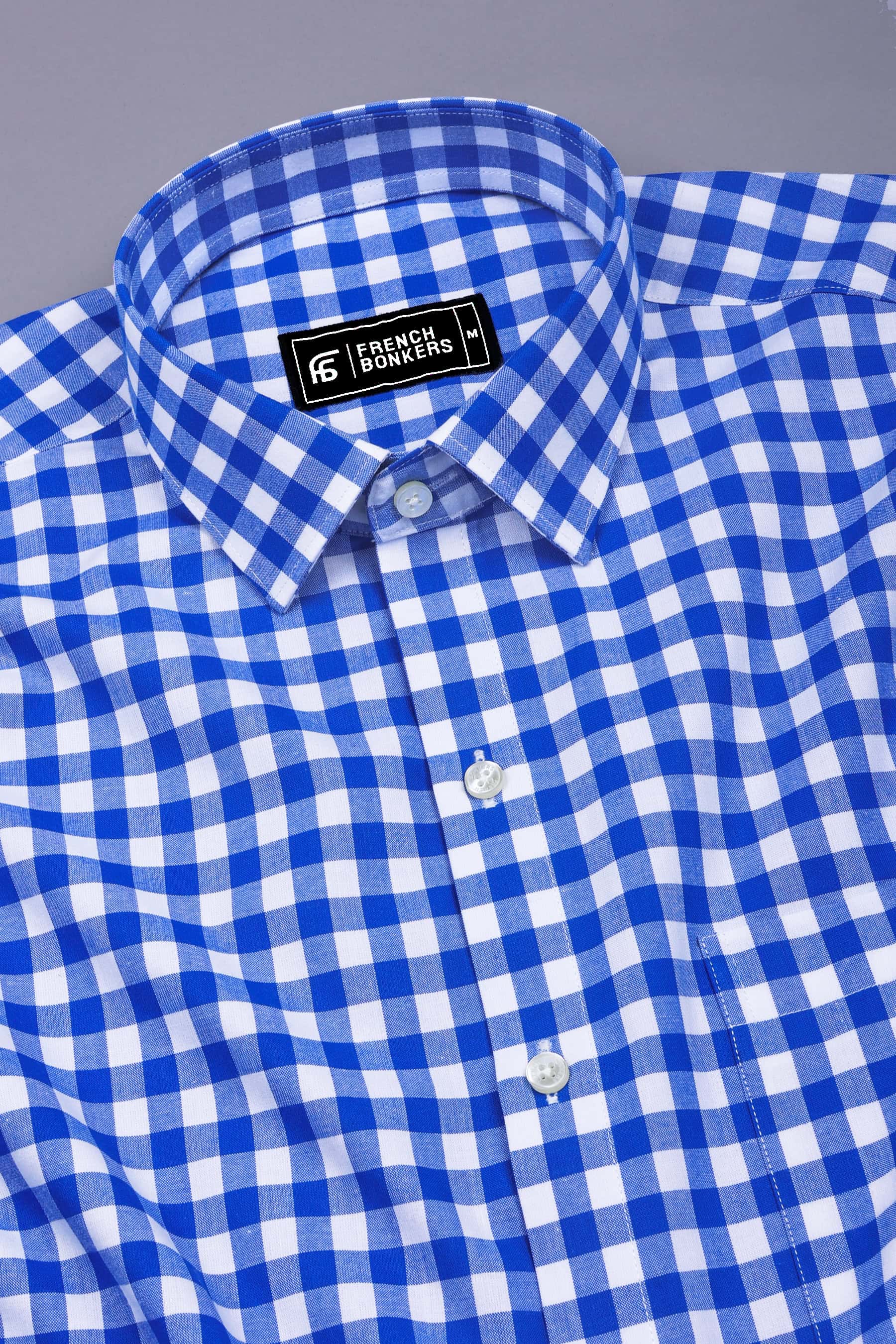 Glinver Blue and White Gingham Check Cotton Shirt