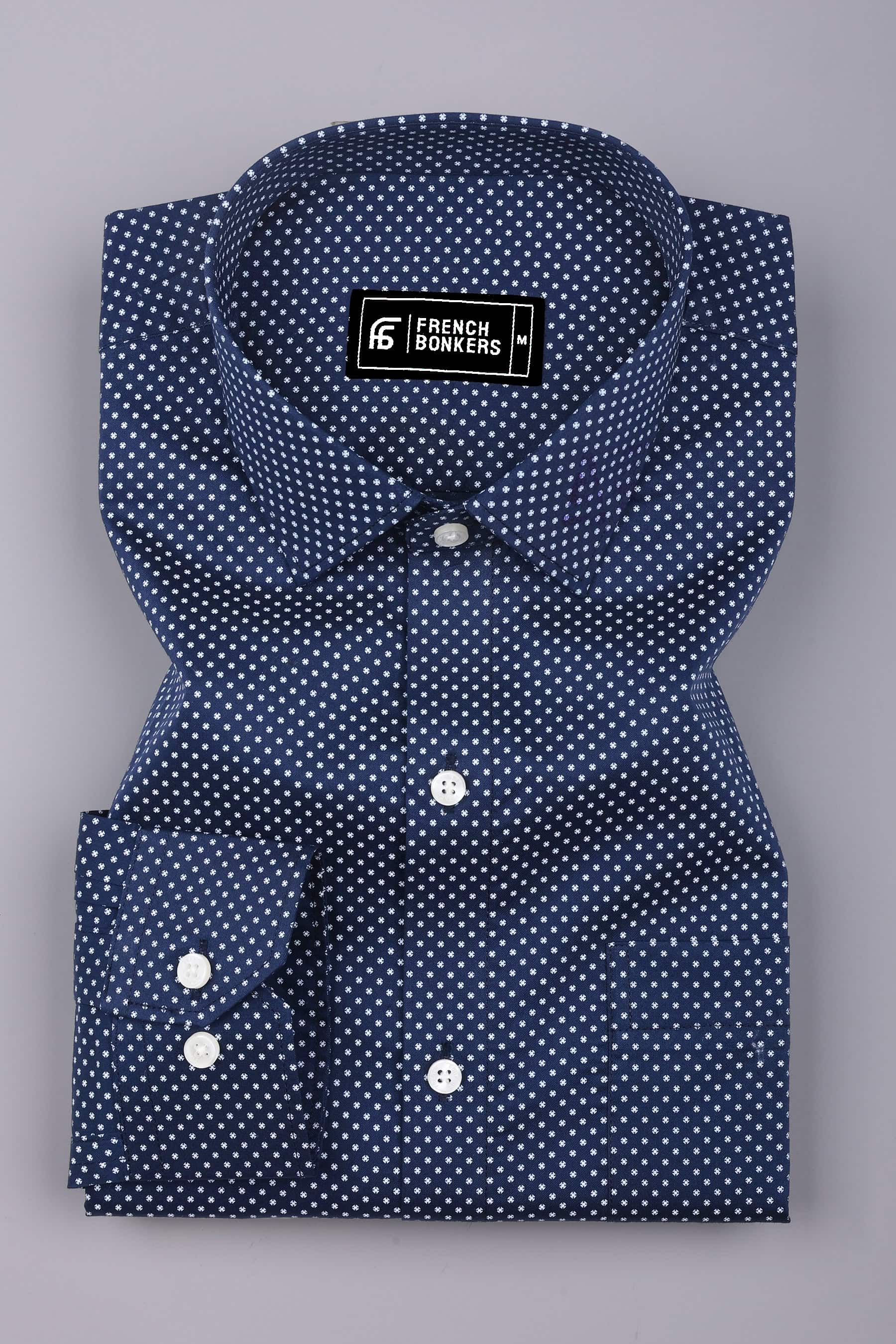 Spinex Navyblue with White Micro Dot Printed Cotton Shirt