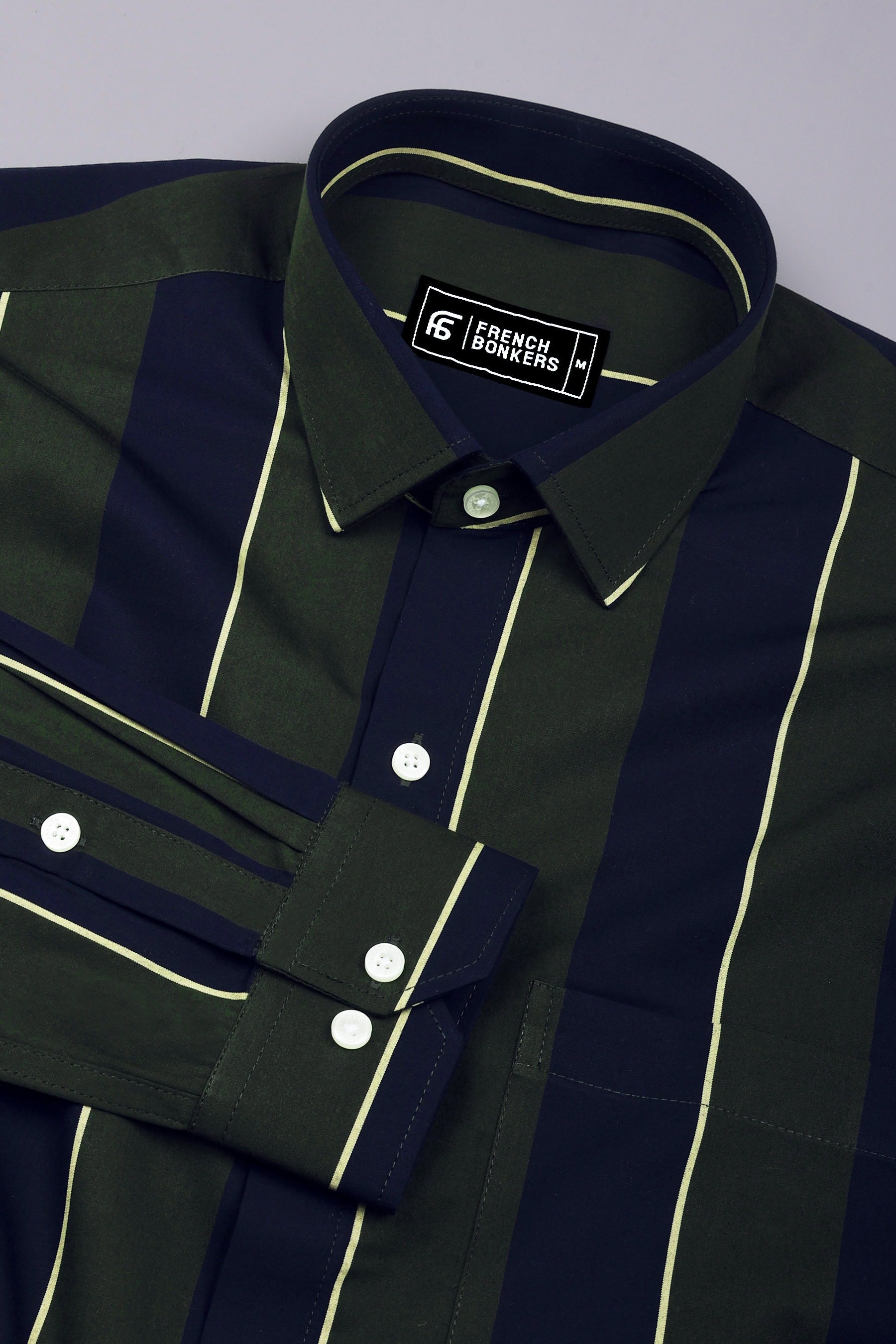 Kelvon Olive Green and Black Striped Cotton Shirt