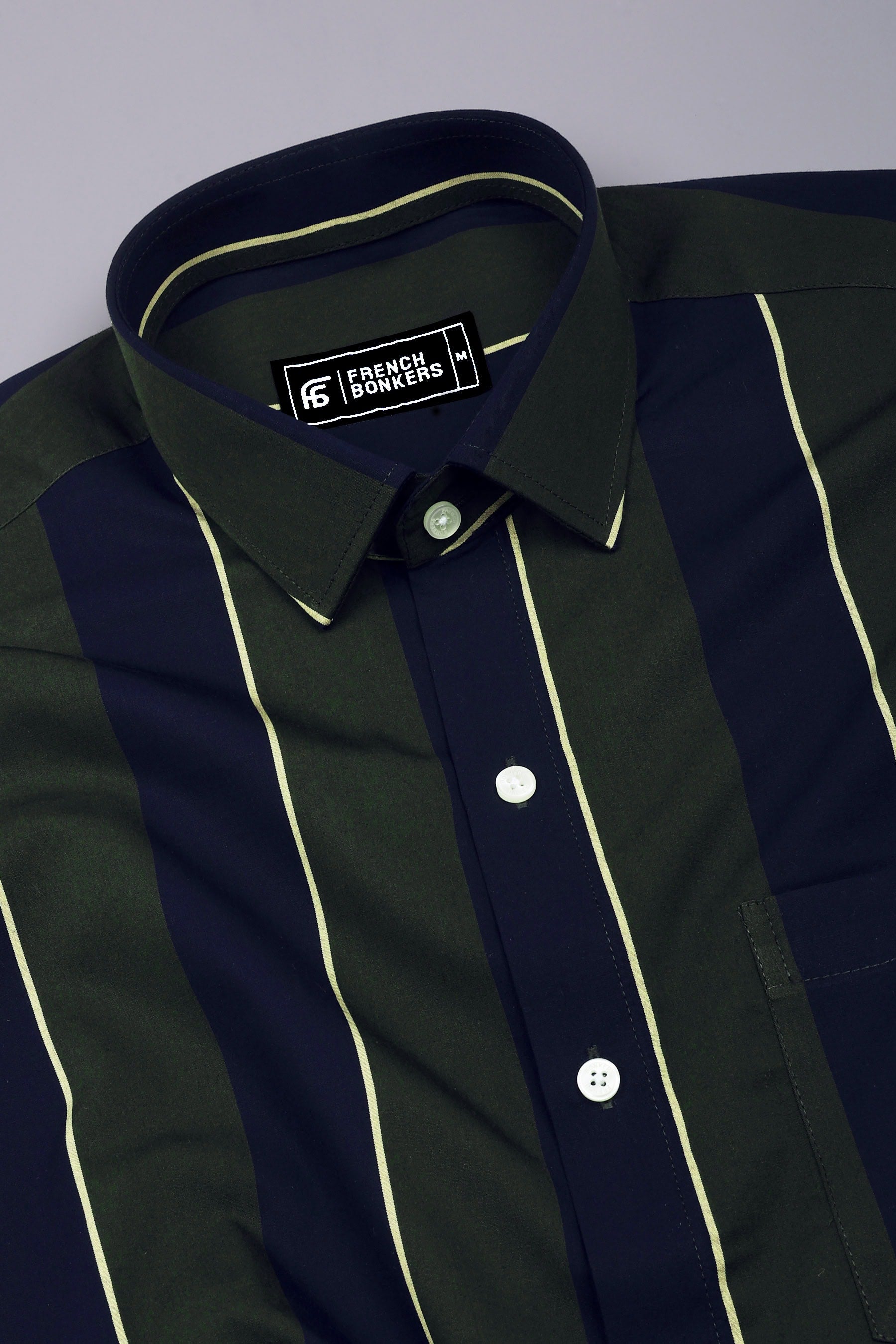 Kelvon Olive Green and Black Striped Cotton Shirt