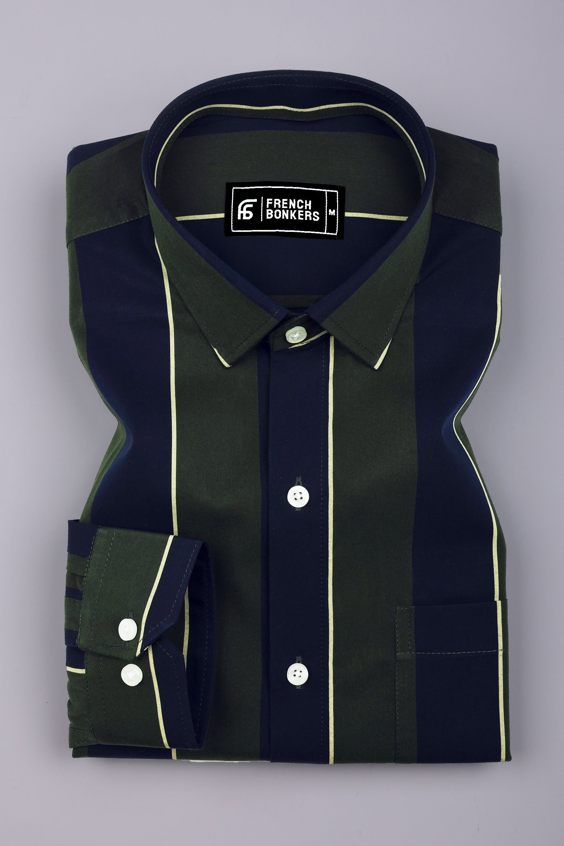 Kelvon Olive Green and Black Striped Cotton Shirt