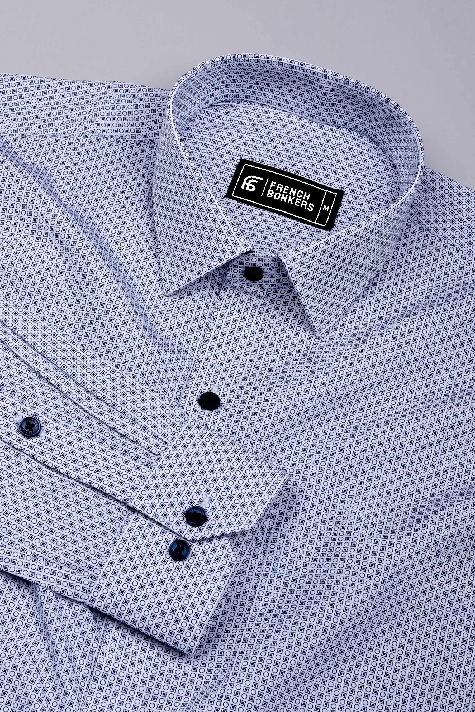 Chalk White with Navy Microform Printed Cotton Shirt