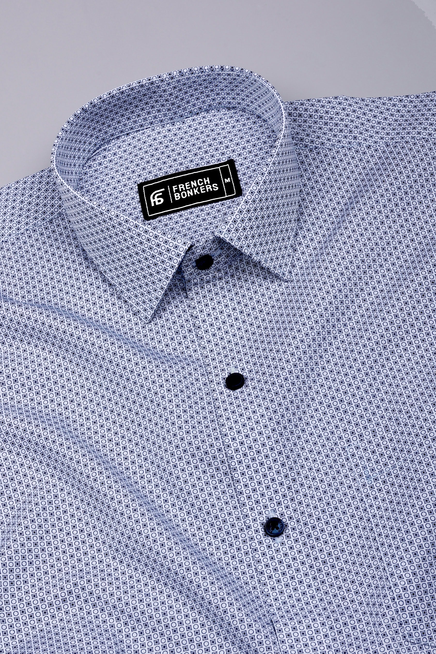 Chalk White with Navy Microform Printed Cotton Shirt