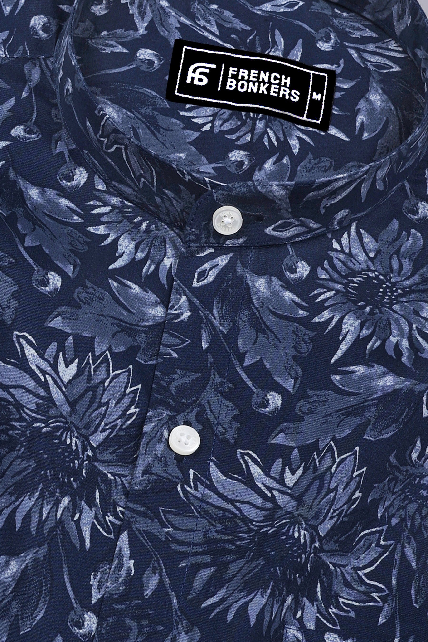 Noxtone Navy Blue Floral Printed Cotton Shirt
