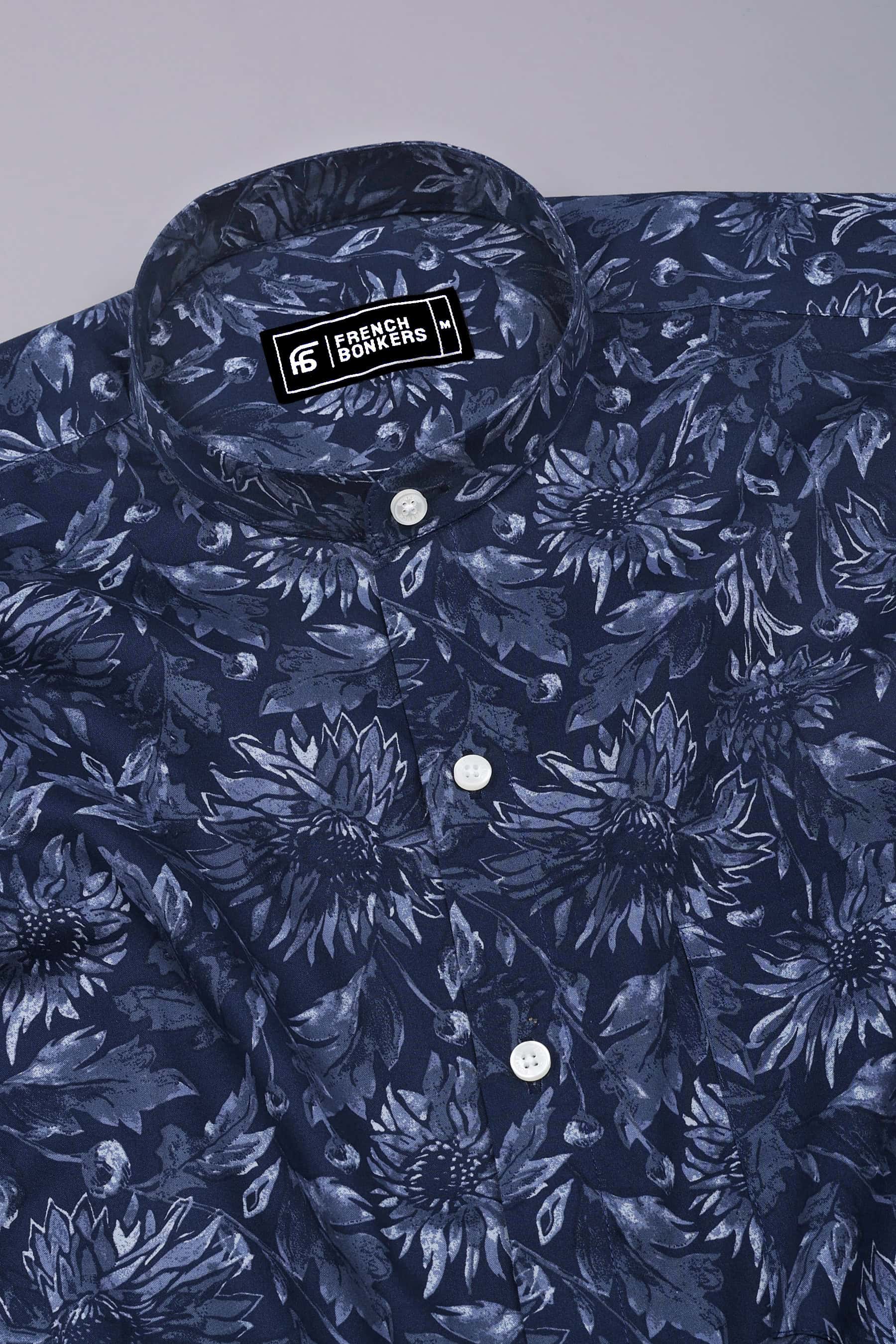 Noxtone Navy Blue Floral Printed Cotton Shirt