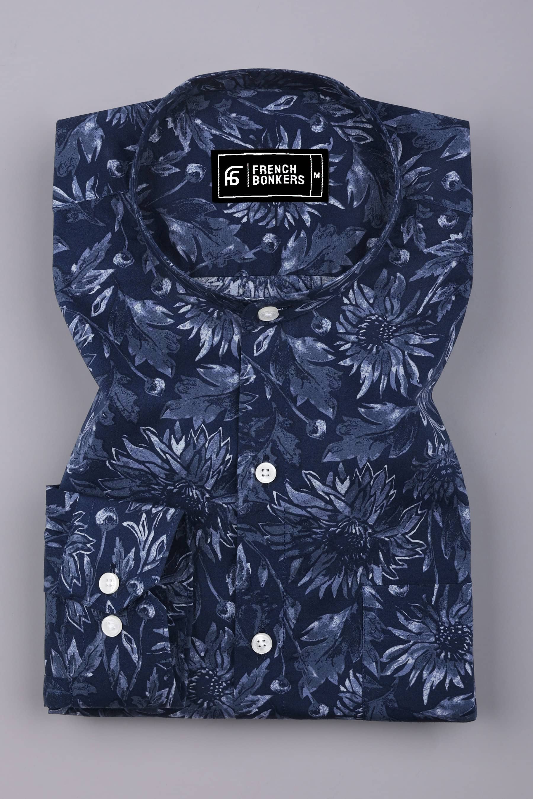 Noxtone Navy Blue Floral Printed Cotton Shirt