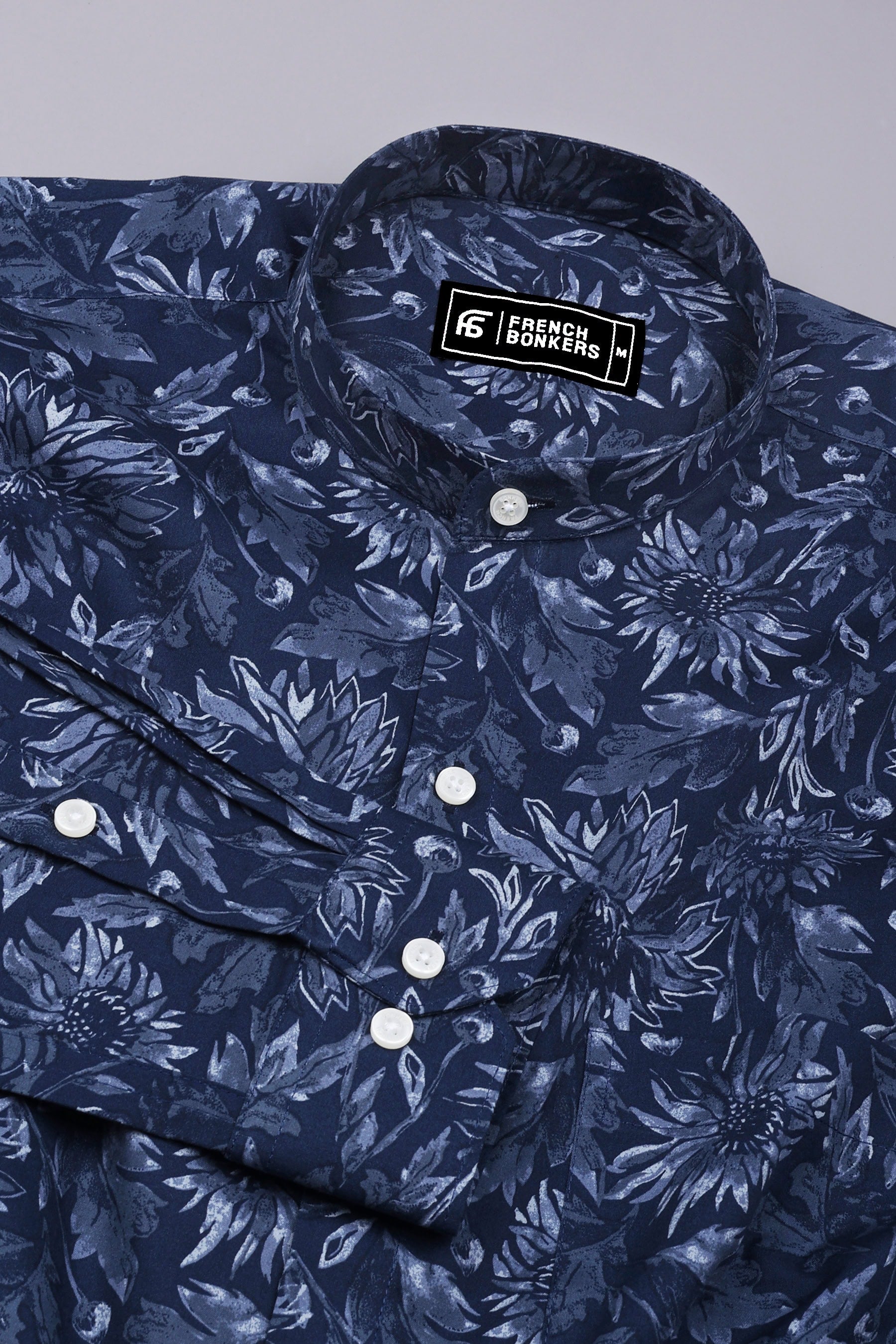Noxtone Navy Blue Floral Printed Cotton Shirt