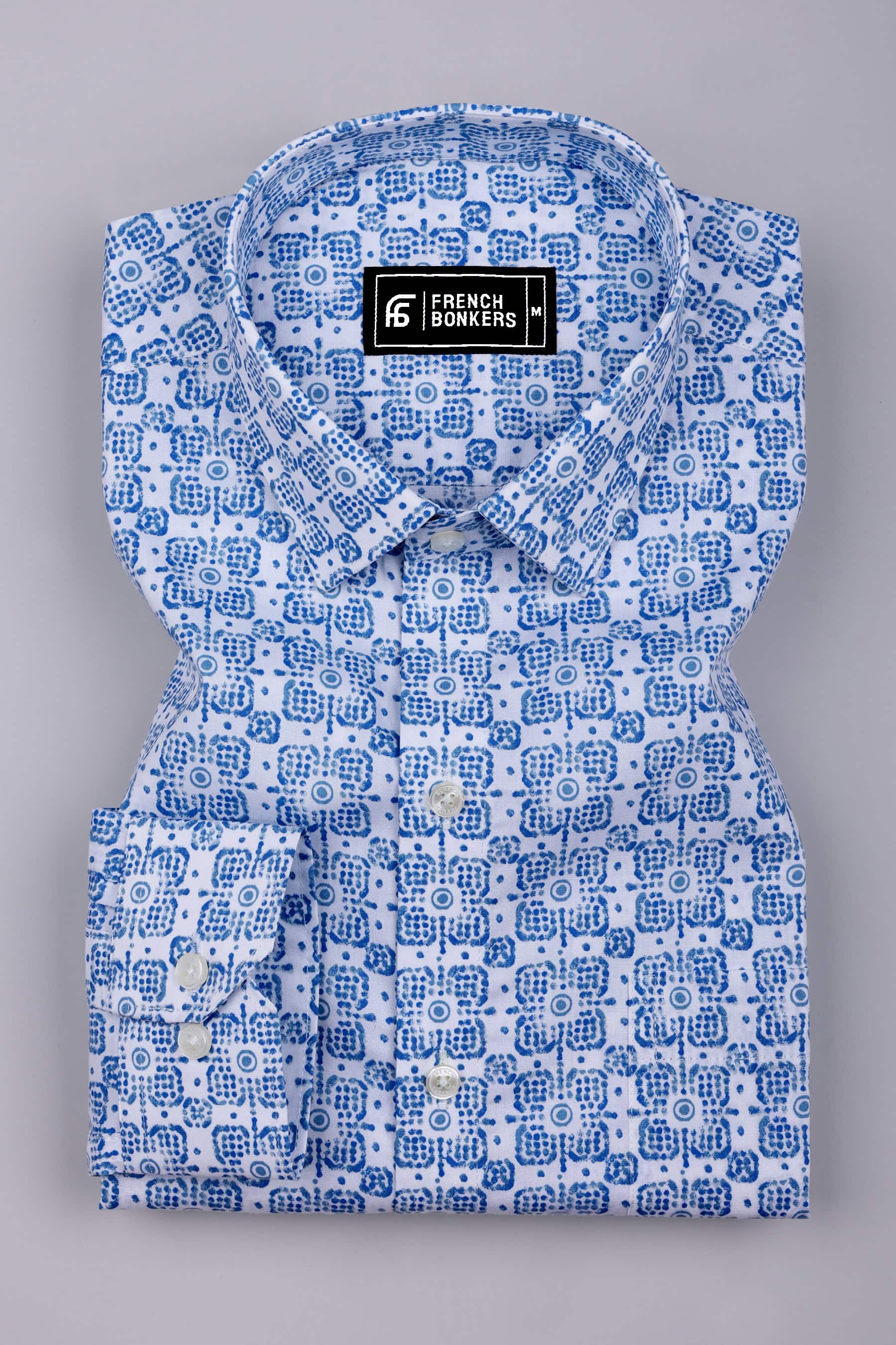 Frostiq White with Blue Icon Dot Printed Cotton Shirt