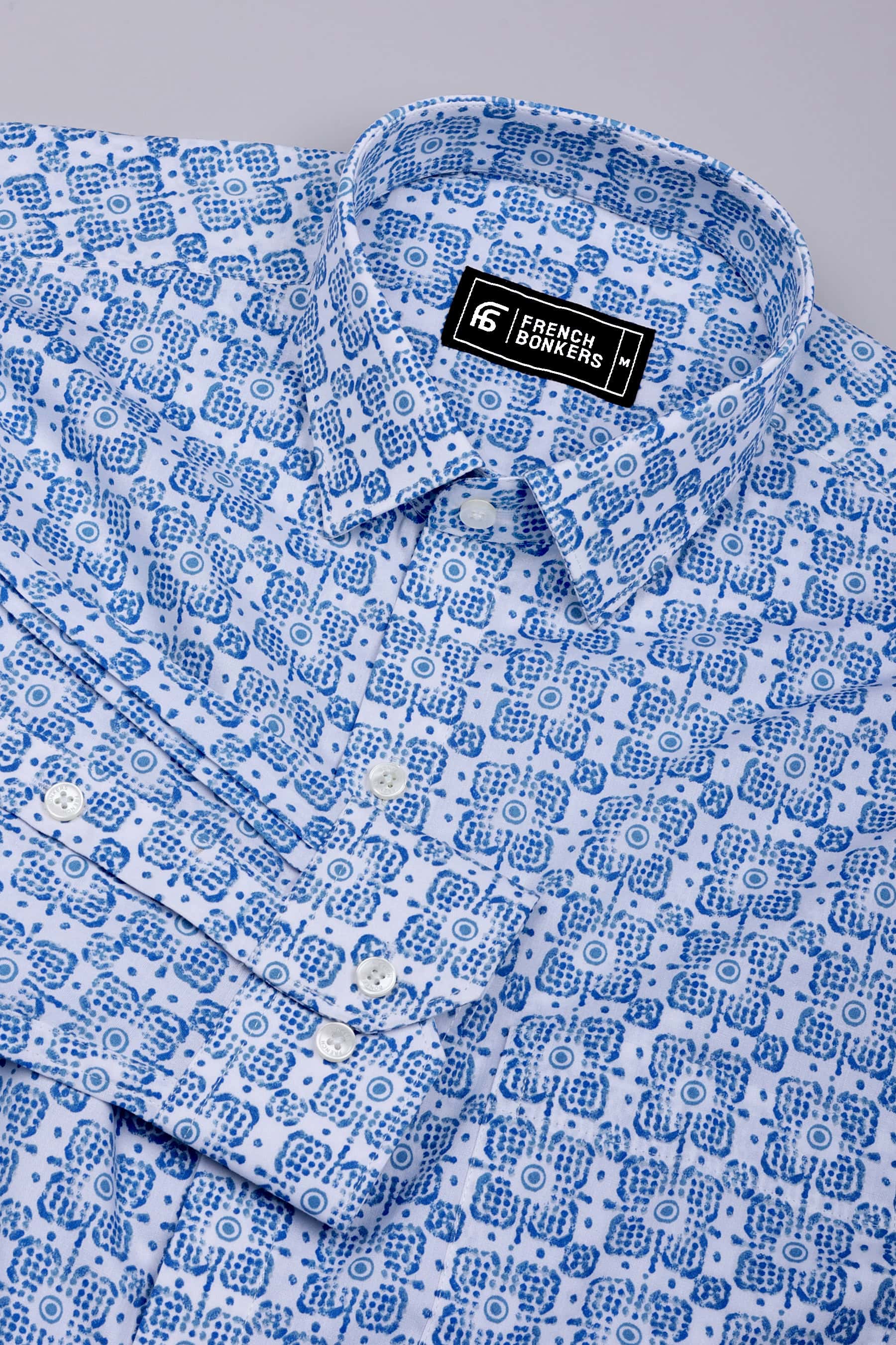 Frostiq White with Blue Icon Dot Printed Cotton Shirt