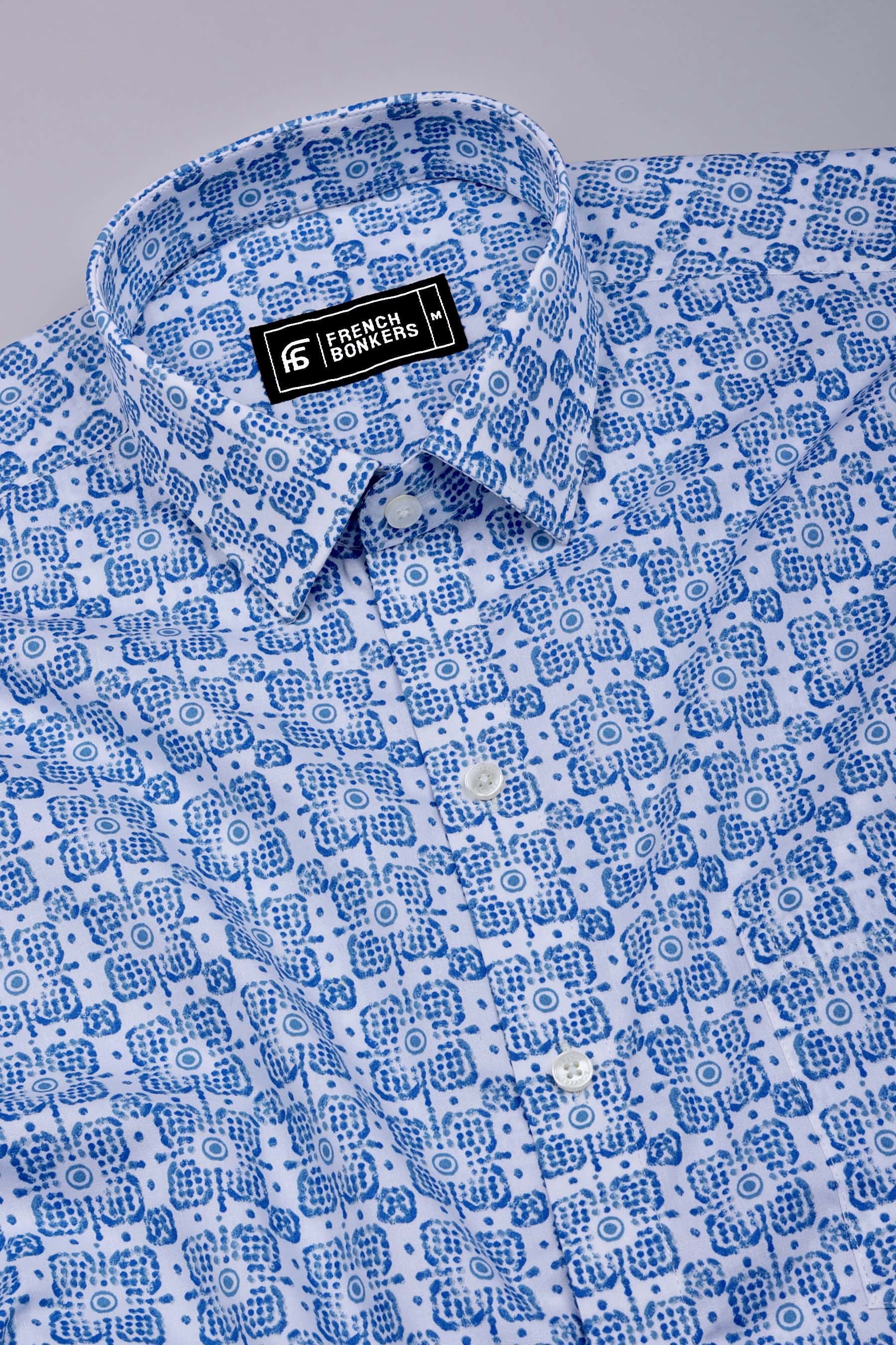 Frostiq White with Blue Icon Dot Printed Cotton Shirt