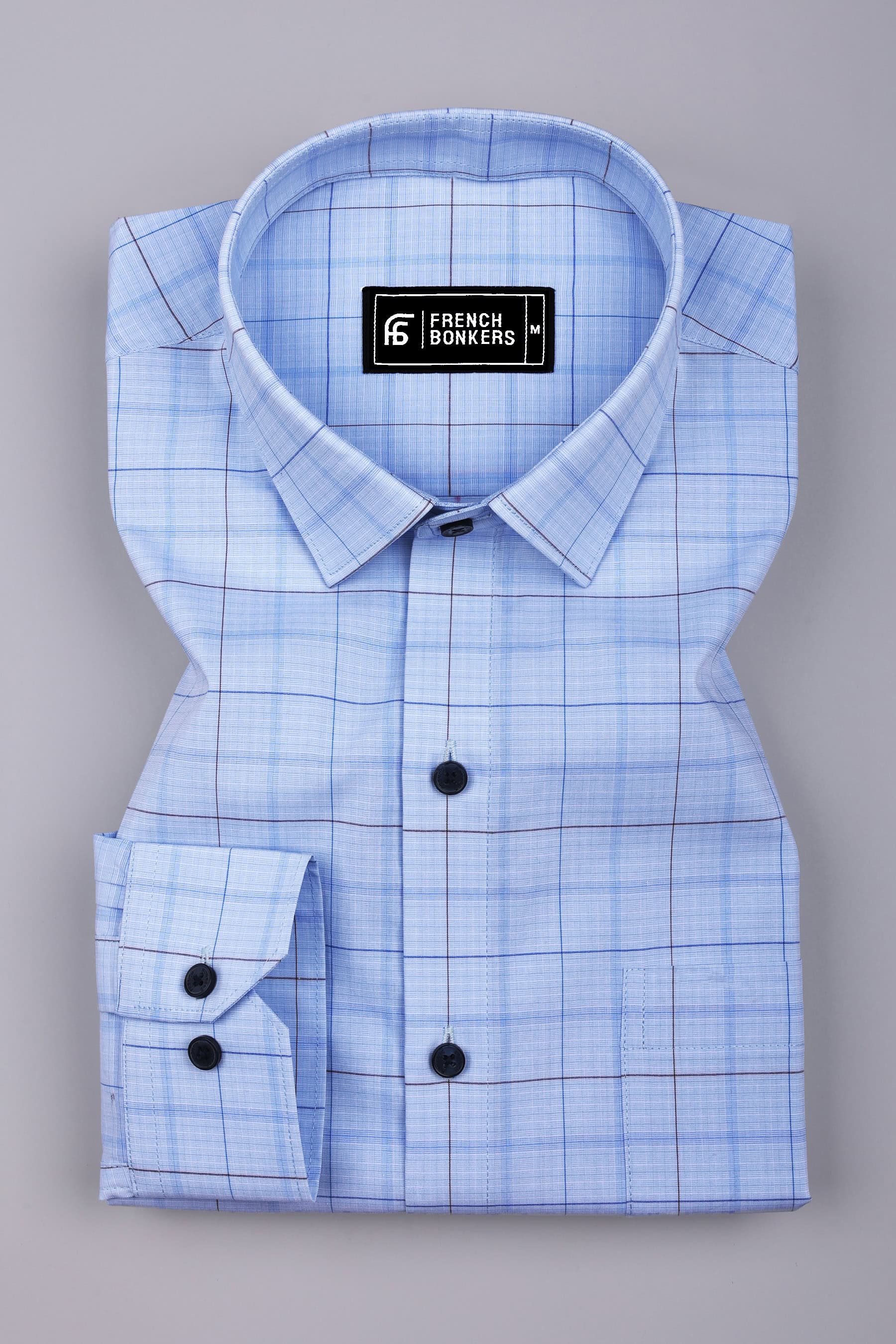 Sky Blue With Brown Check Cotton Formal Shirt