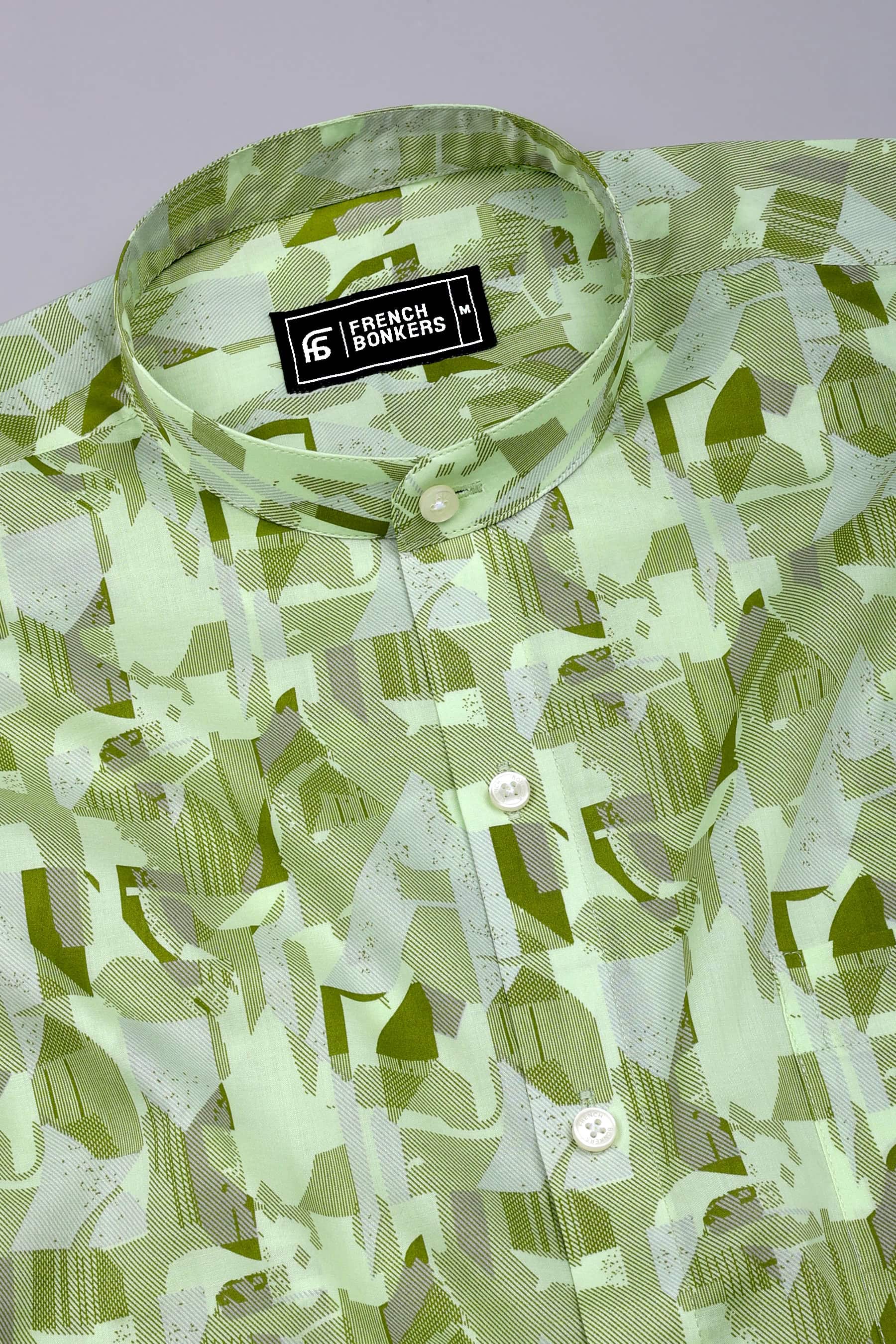 Sage Green Abstract Geometric Printed Cotton Shirt