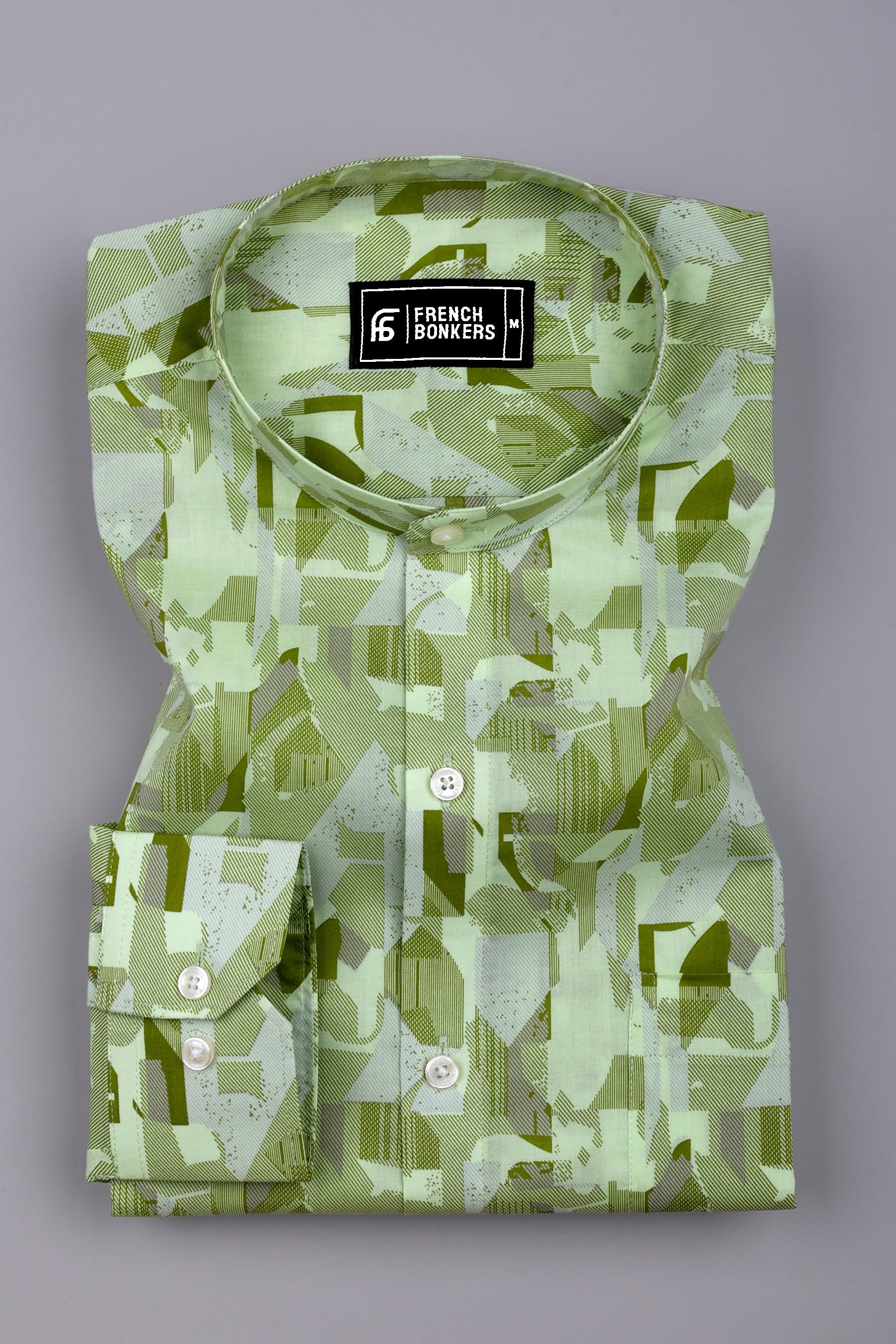 Sage Green Abstract Geometric Printed Cotton Shirt