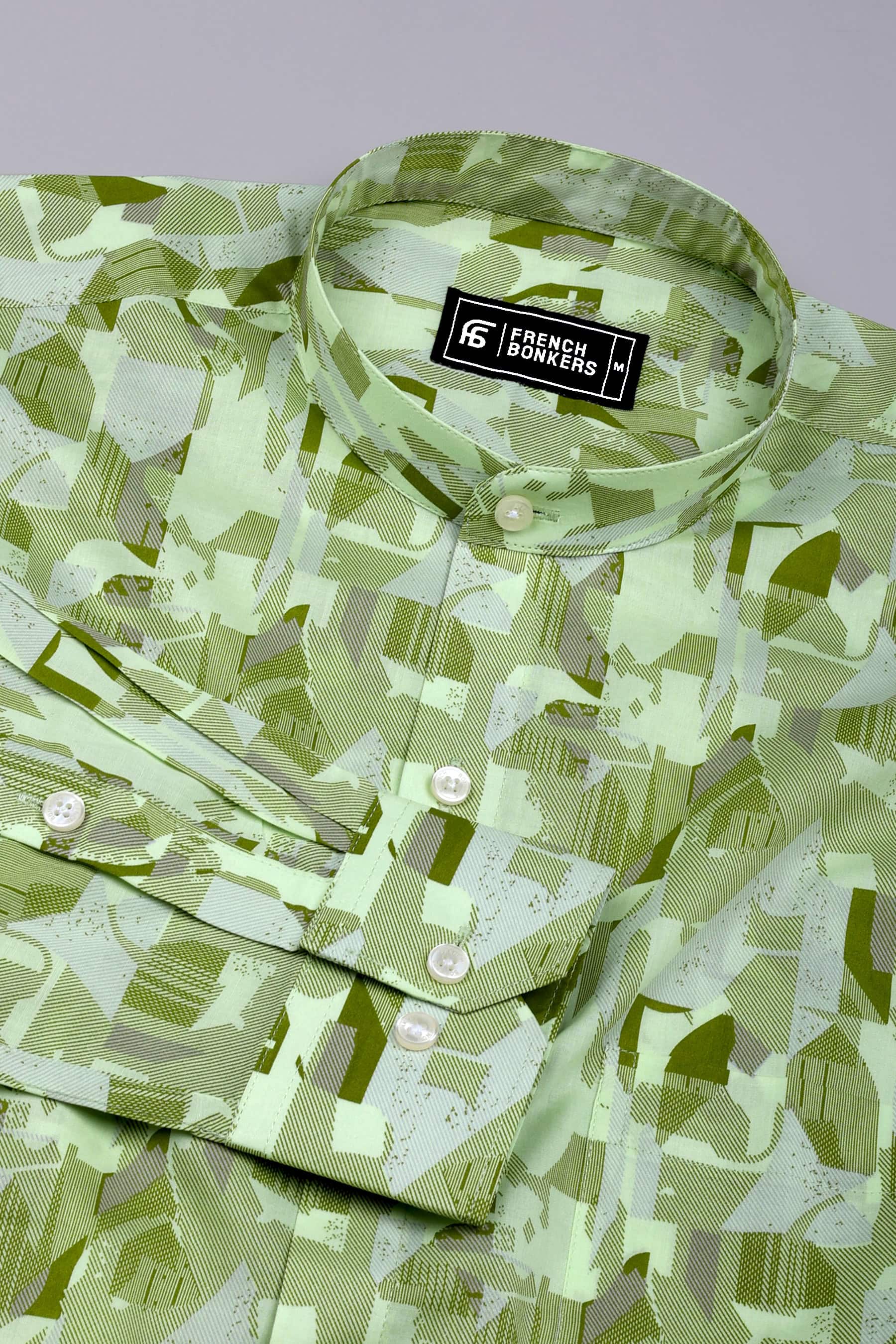 Sage Green Abstract Geometric Printed Cotton Shirt