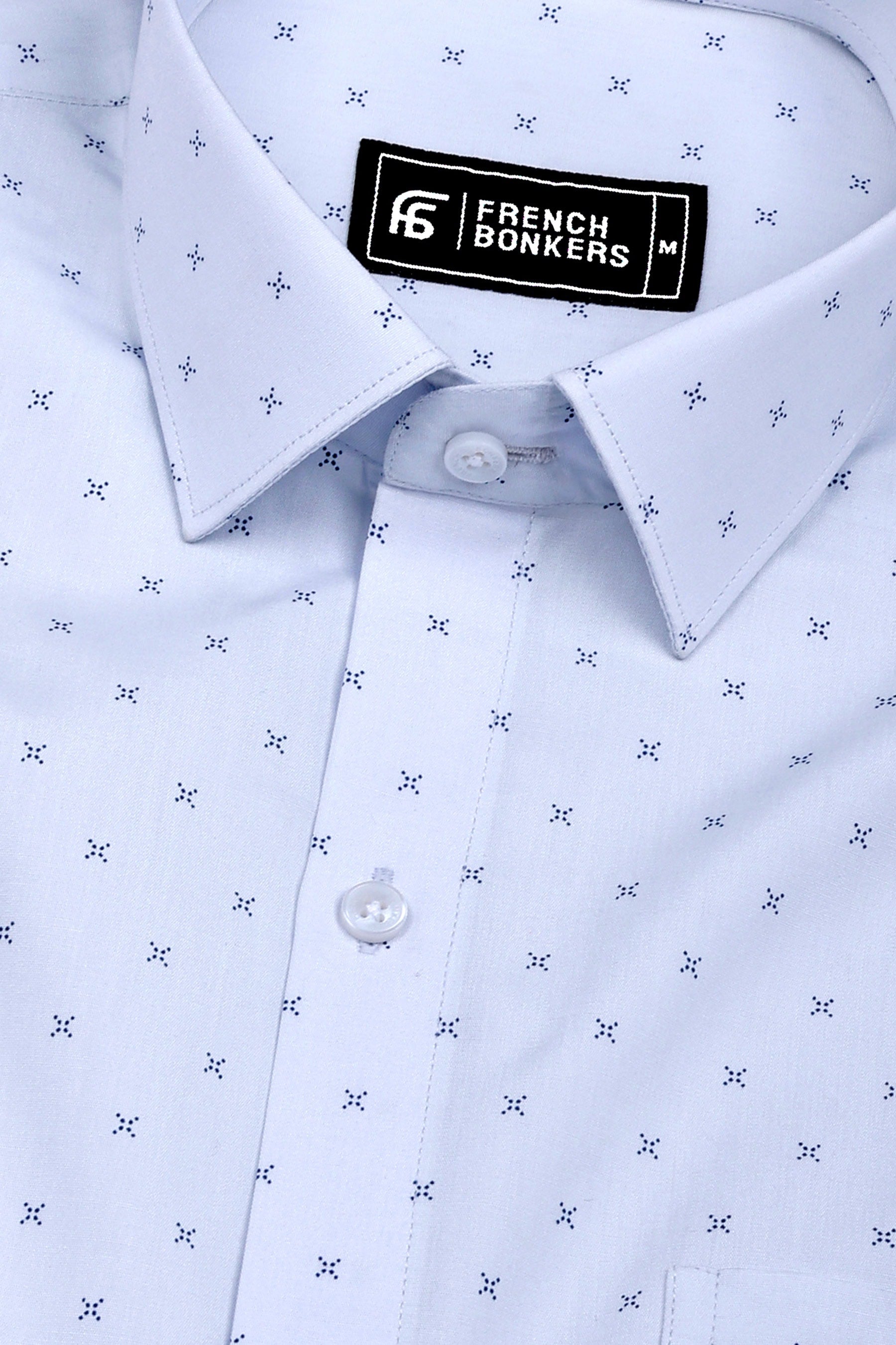 Ice Blue With Navyblue Doted Cross printed Cotton Shirt