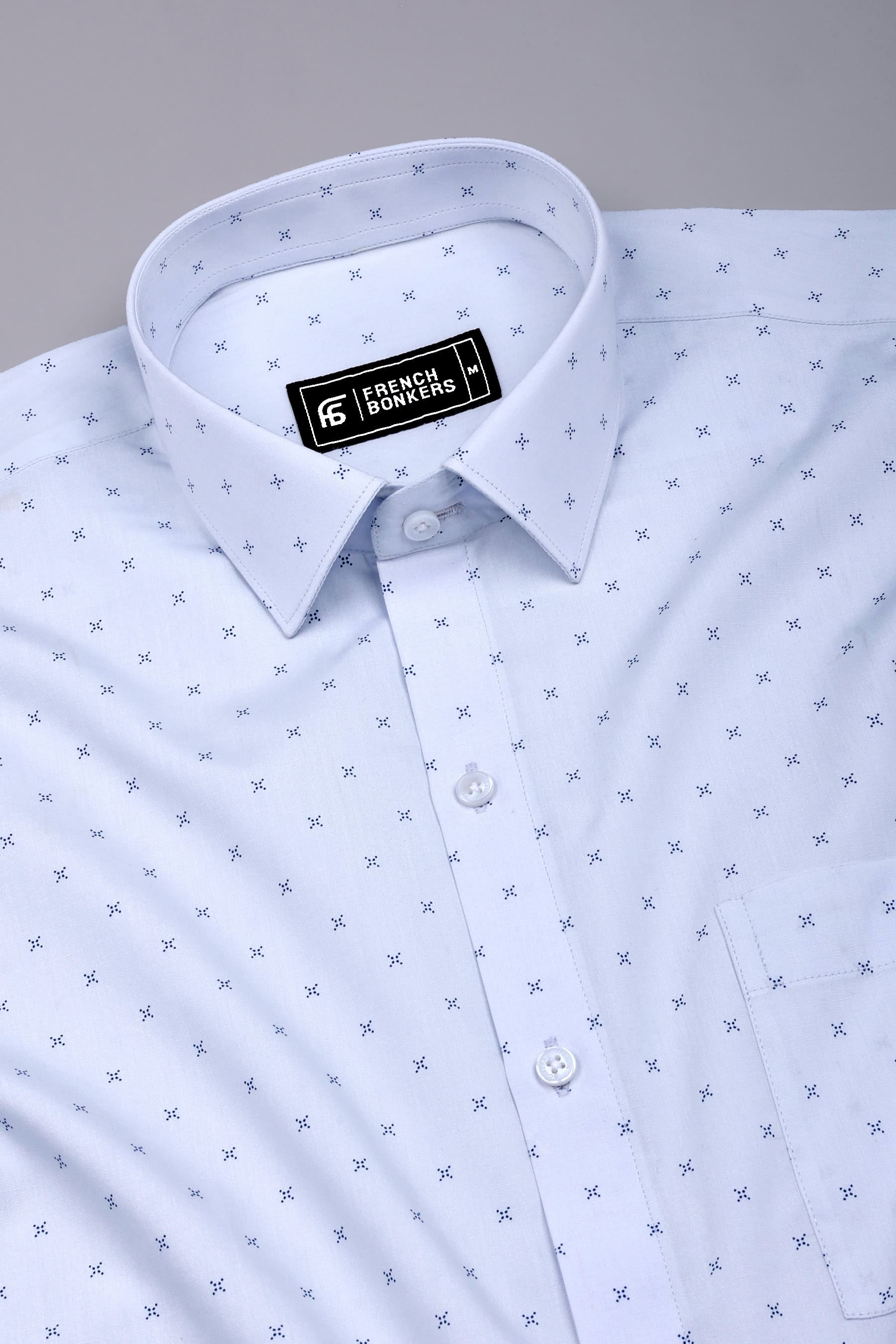 Ice Blue With Navyblue Doted Cross printed Cotton Shirt