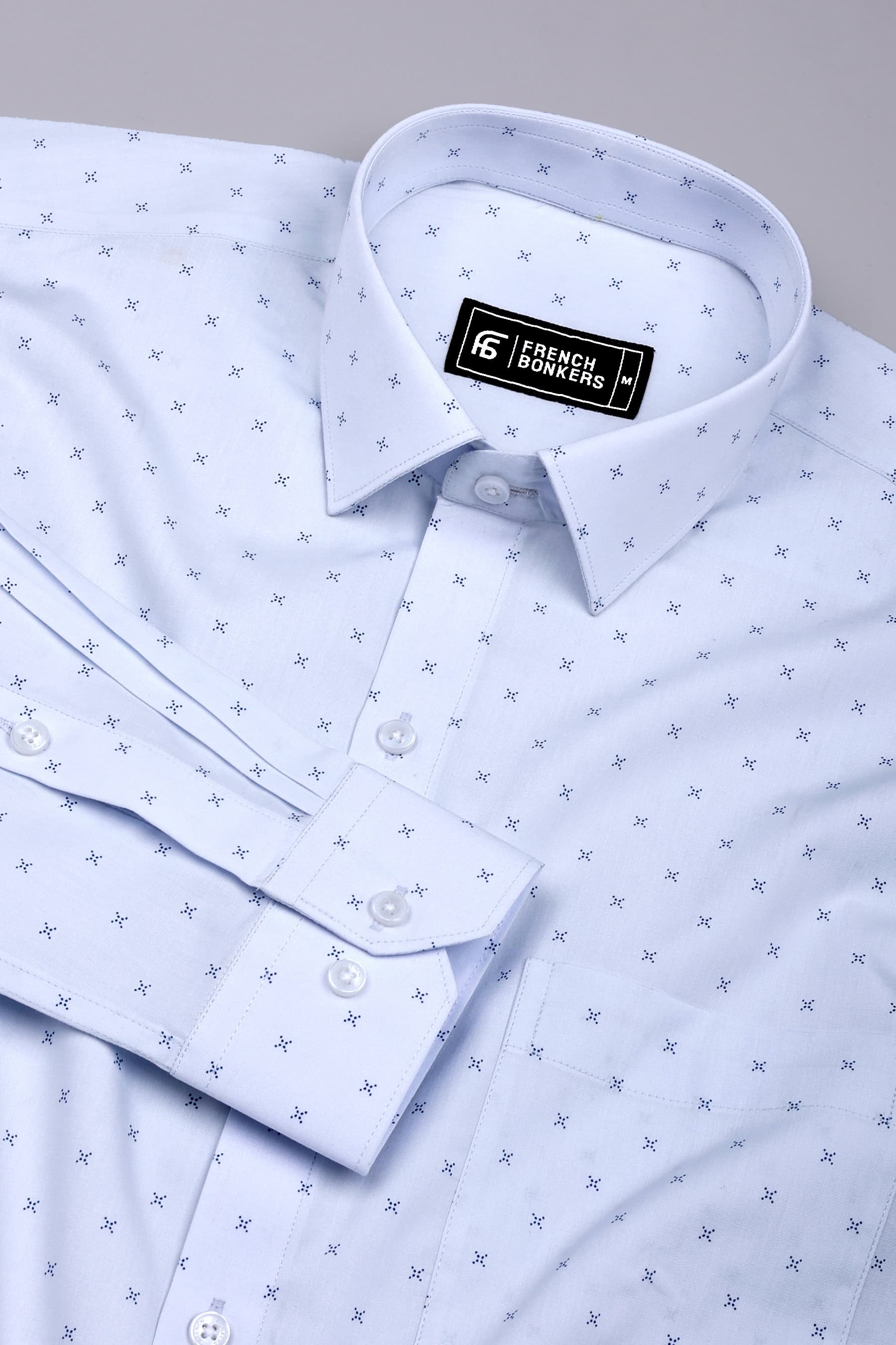 Ice Blue With Navyblue Doted Cross printed Cotton Shirt